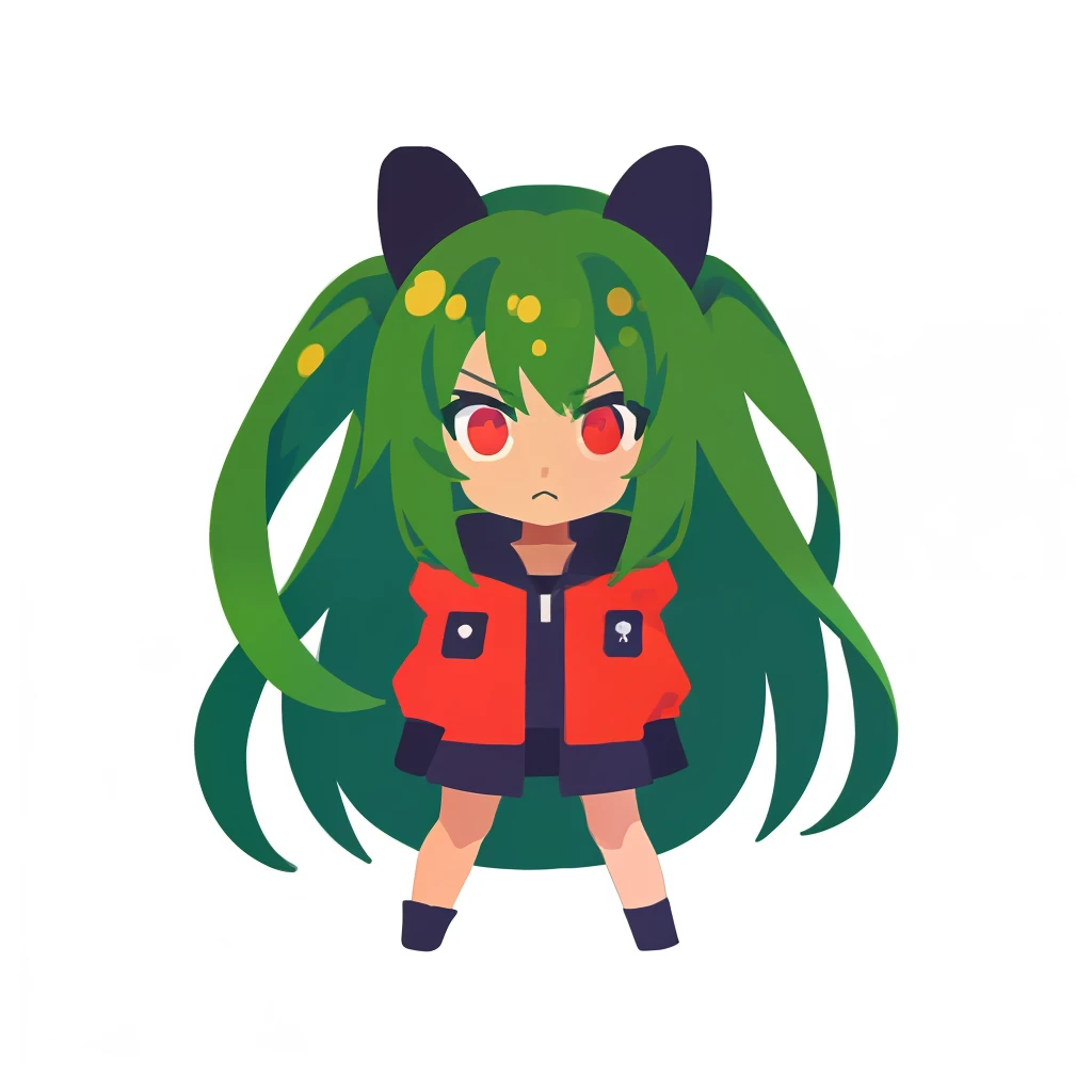 超A high resolution, nffsw, Best aesthetic, Best Quality, masutepiece, ik1、Full body depiction, troubled look、Arms crossed, 1girl in、Jade-colored jacket、cartoon bone、Green Hair Anime Girl, flat anime style,  Black cat ears, Anime girl with black cat ears, digital anime illustration,  Plain white background
