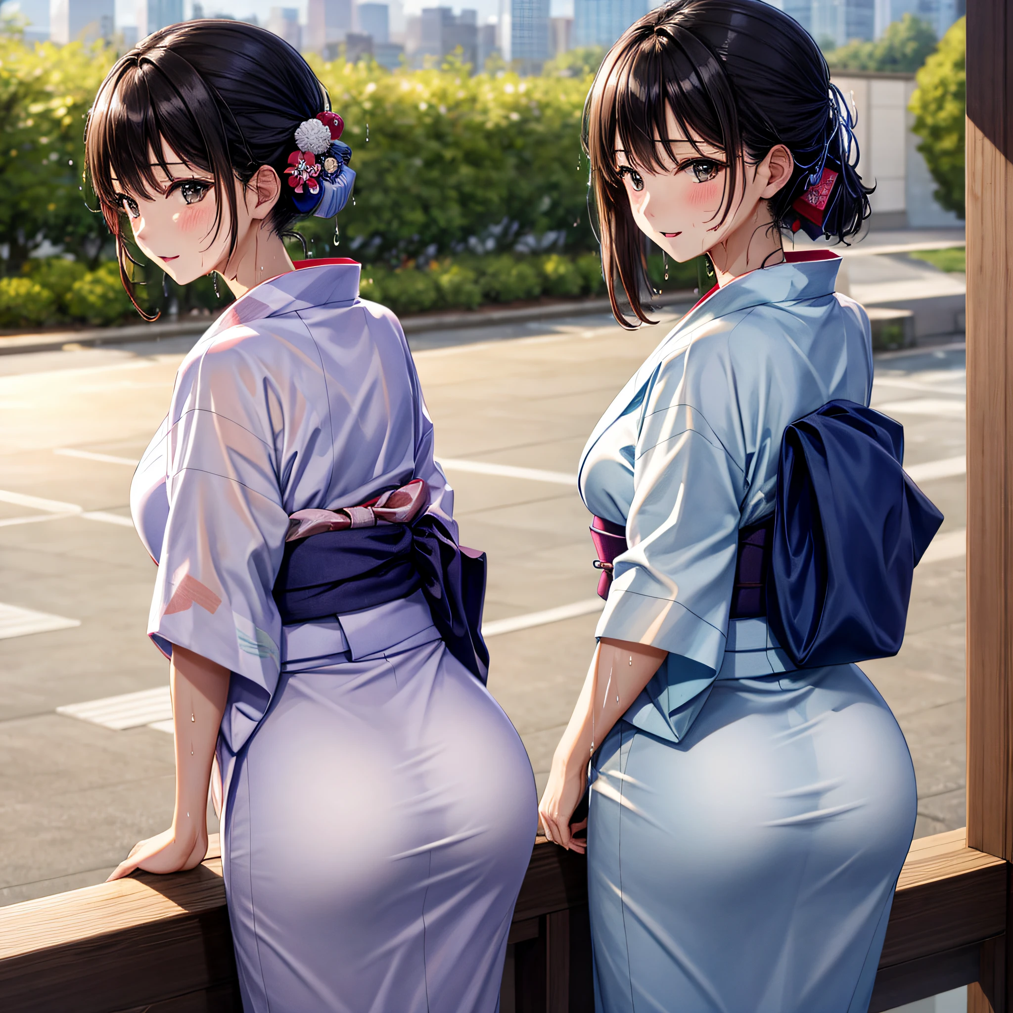 masterpiece, ultra-detailliert, top-quality, Wet yukata, (A lot of girls), ass forcus, High-definition beauty face