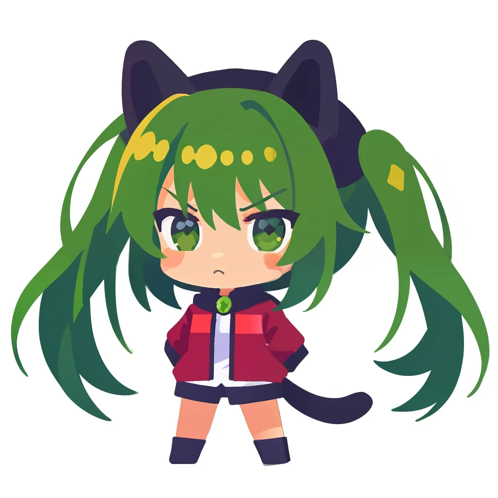 超A high resolution, nffsw, Best aesthetic, Best Quality, masutepiece, ik1、Full body depiction, troubled look、Arms crossed, 1girl in、Jade-colored jacket、cartoon bone、Green Hair Anime Girl, flat anime style, Black cat ears, Anime girl with black cat ears, digital anime illustration, Plain white background