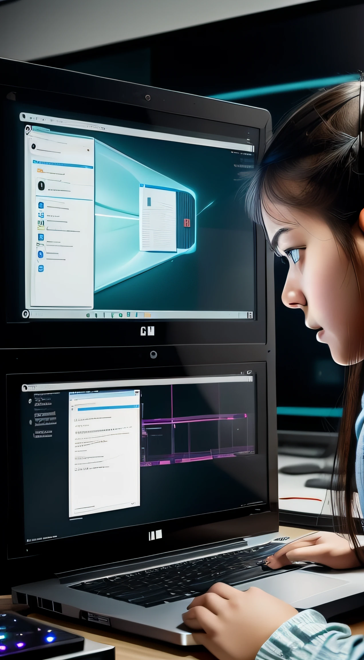 a girl is hacking to a computer's system.