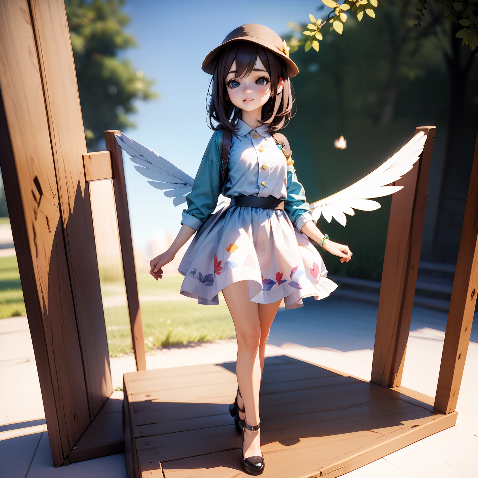 With a hat on，Cute girl with wings on her back，Full body illustration，3d girl painting