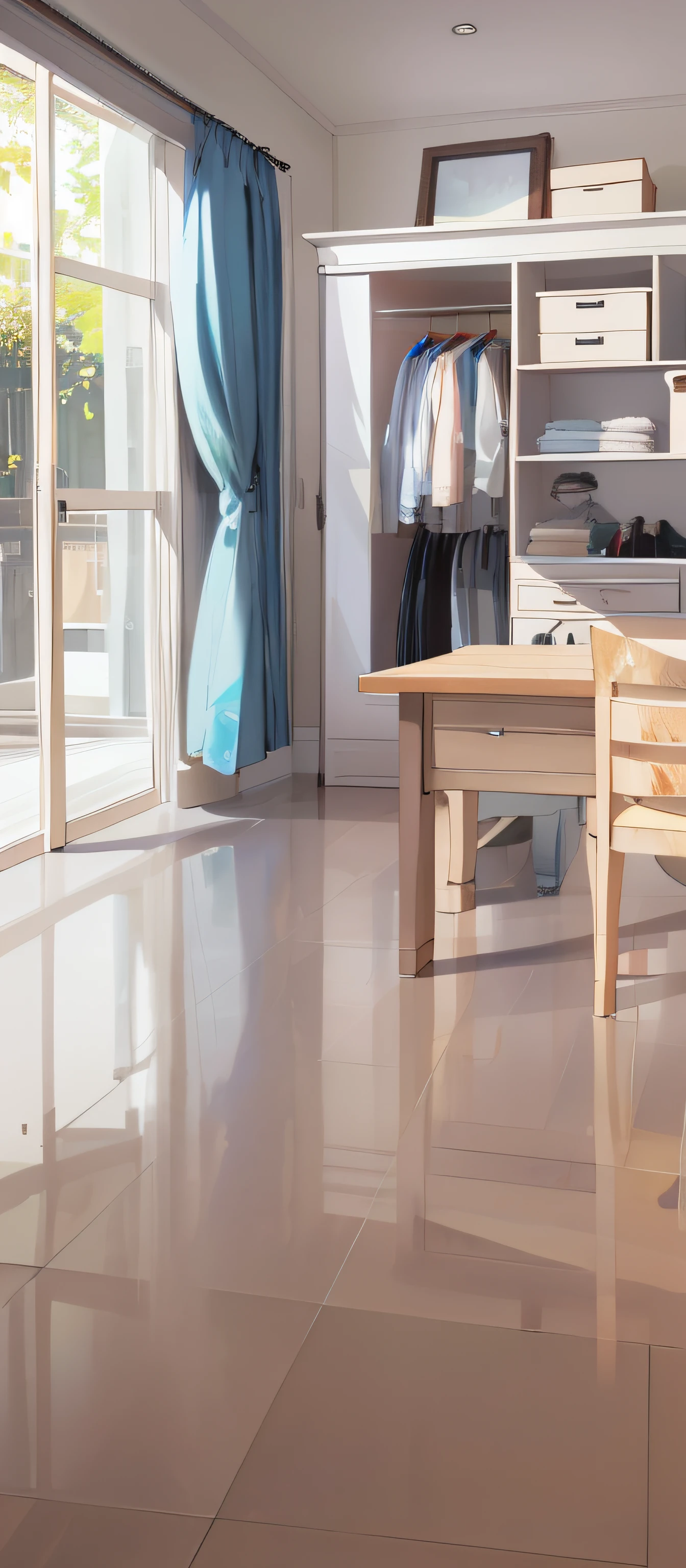 absurderes,A high resolution,ultra - detailed,hdr)cloakroom,There is a wardrobe at the back,There were clothes in the closet,There is a table and chairs in front of the wardrobe,The floor is wood-paneled,There are floor-to-ceiling windows on the left,Great view from the window