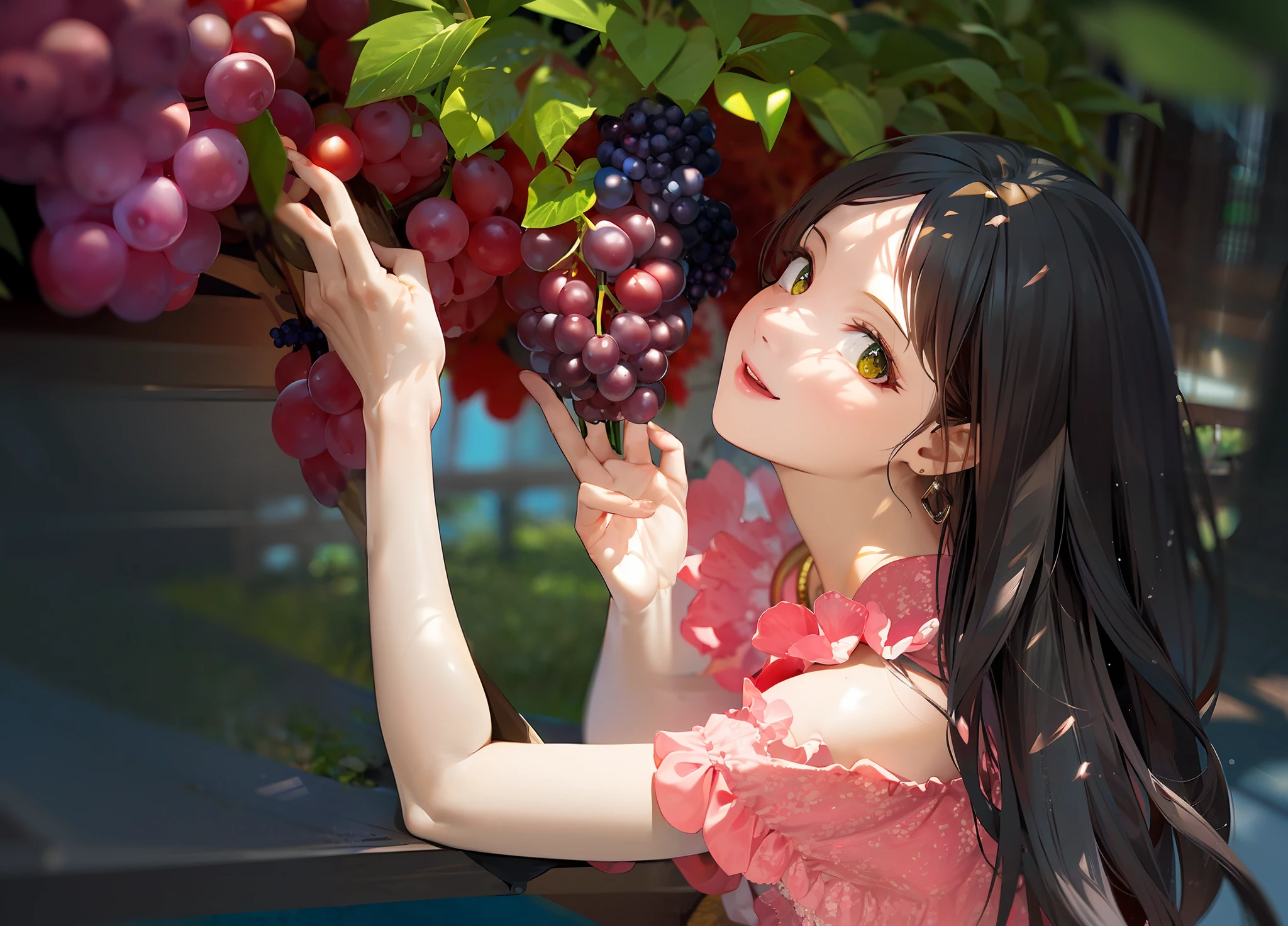 stage lighting，vine yards，The girl looked at the grapes happily，(Mottled sunlight,llight rays,Caustics:1.2),(irridescent:1.0),(Beautiful detail halo:1.0)，Bright background，Small earrings, small necklace, summer morning, Guibli,The grass is green，Blue sky, Red dress