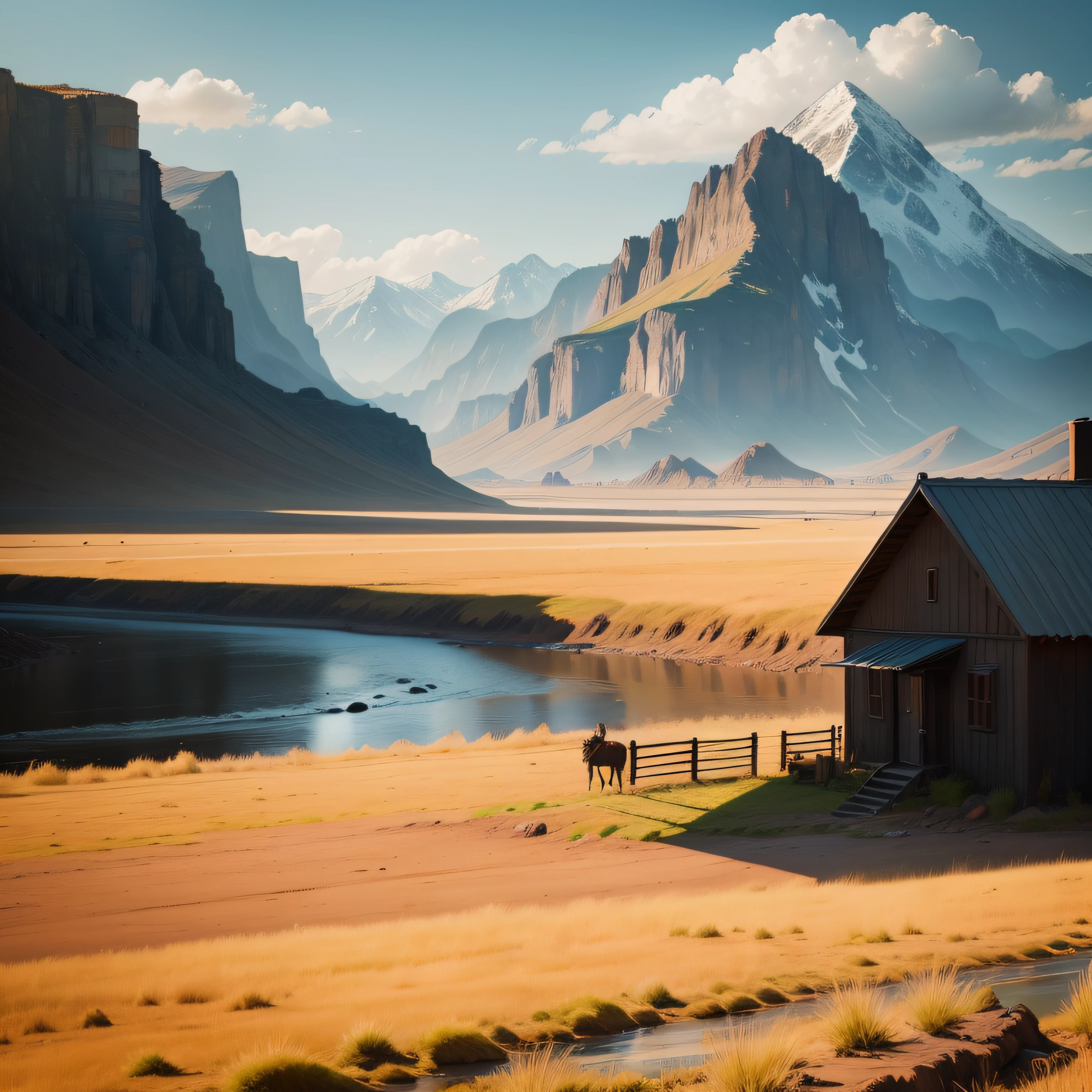Large steppe, sunny, cowboy with gun, black house, flowing river, mountains in the distance