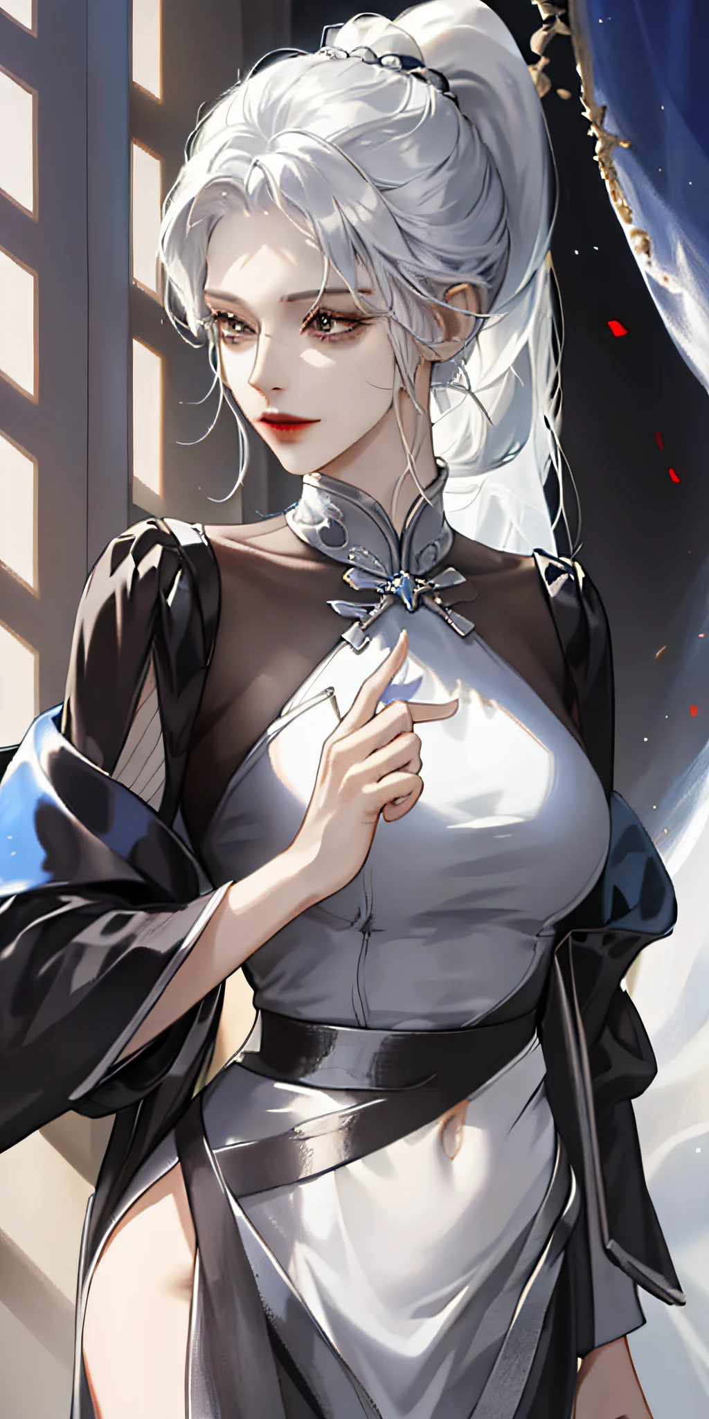 ((Best Quality, 8K, Masterpiece: 1.3)), 1 girl,foot,Mature and charming woman,Silver hair, long ponytail,