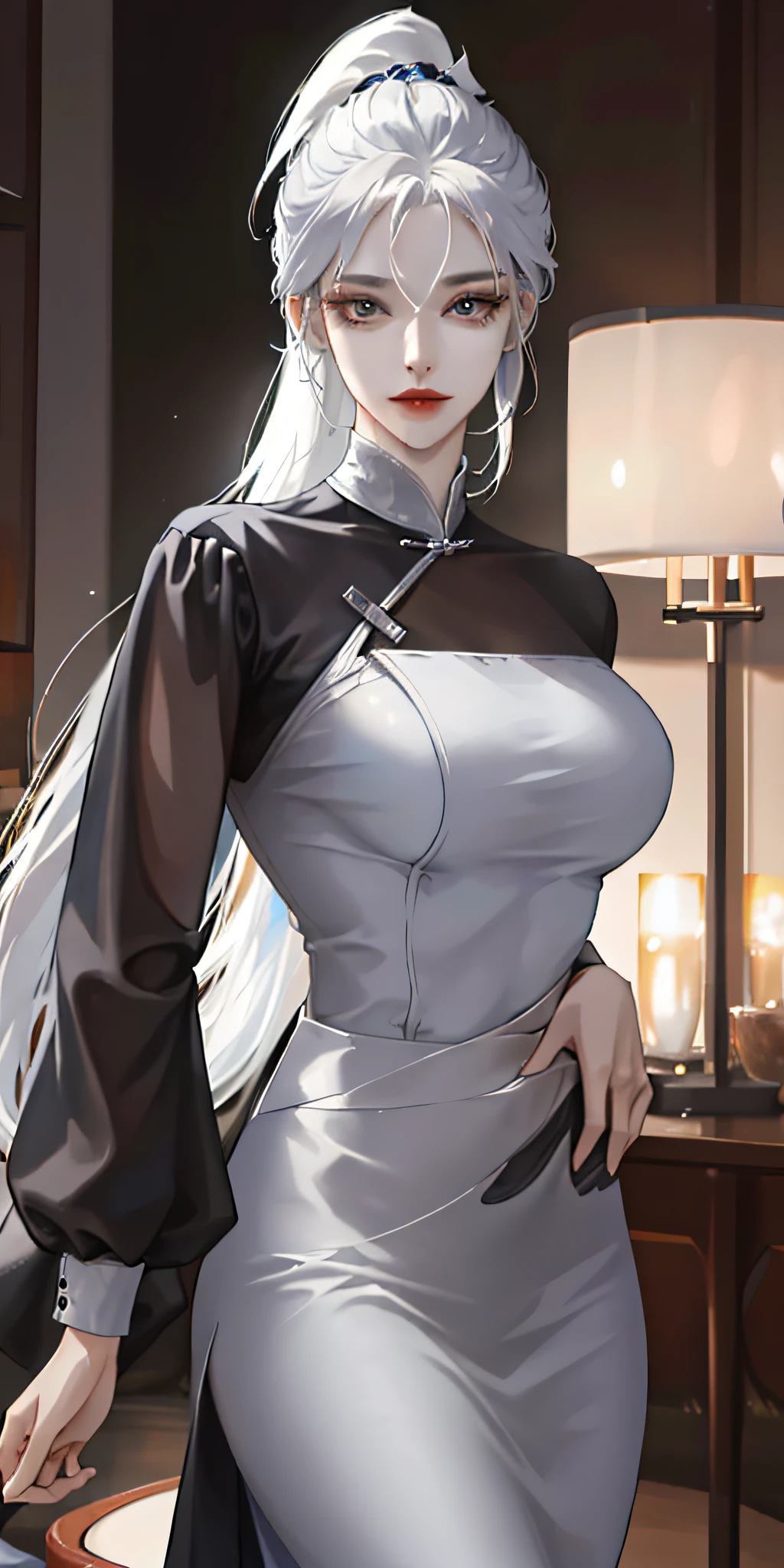 ((Best Quality, 8K, Masterpiece: 1.3)), 1 girl,foot,Mature and charming woman,Silver hair, long ponytail,