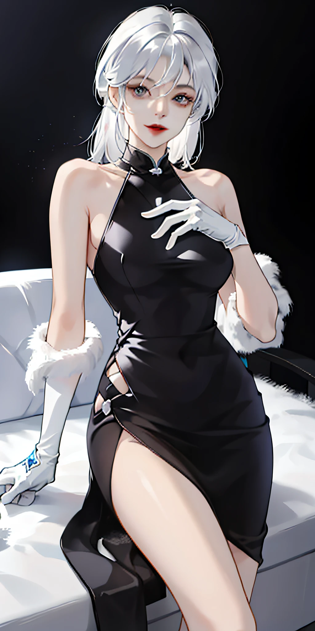 tmasterpiece,Need,JingliuV4,1girl,mitts,shift dresses,minimalistic background,Gray bottom,high-heels,Sit Pose,icey,cowboy lens,White gloves，Beautiful dress，delicate leg，having fun