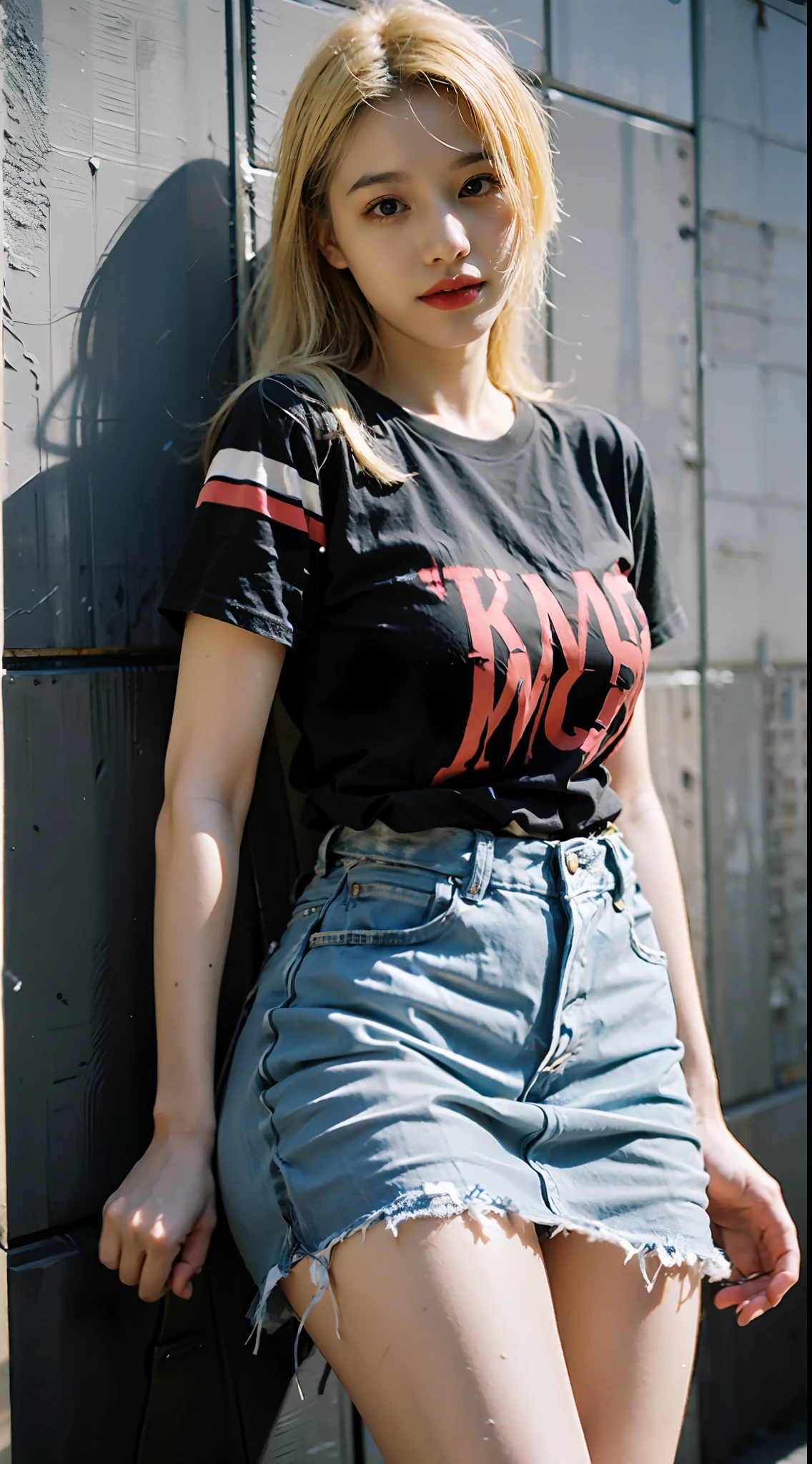 She has long pale yellow hair,Wasteland punk style,Wear an American color-block monogram short-sleeved T-shirt,High-rise split denim skirt,Long legs,Black-gray tones,Shabby poster wall with background,tmasterpiece,Need,photorealestic,k hd,photography lighting,16k