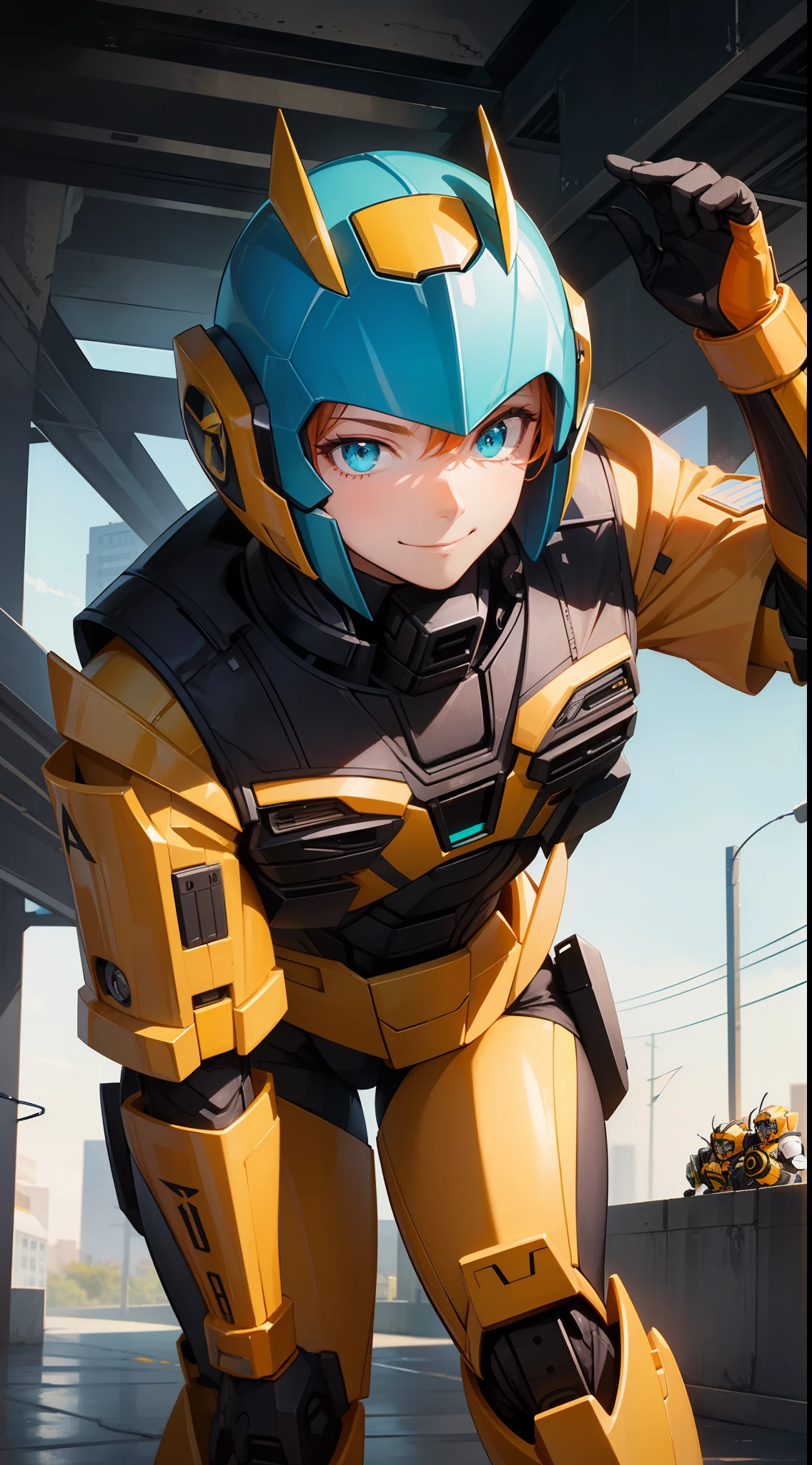 Young guy, short orange hair, Cyan eyes, Autobot armor, Bumblebee, Smile, Masterpiece, hiquality