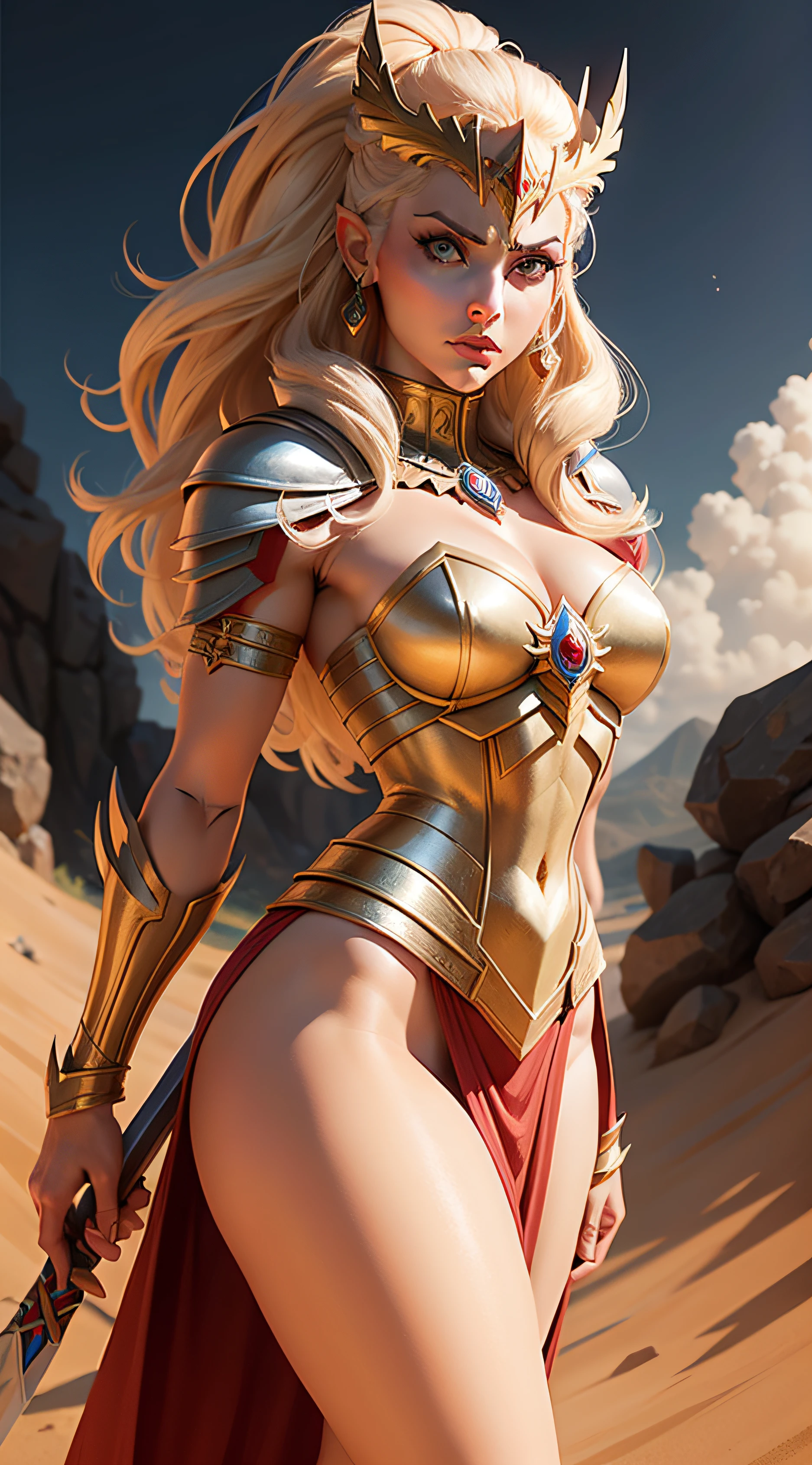 Elisabeth Banks como a personagem de desenho animado SHE RA,Armadura Dourada,espada,Terra de Eternia,