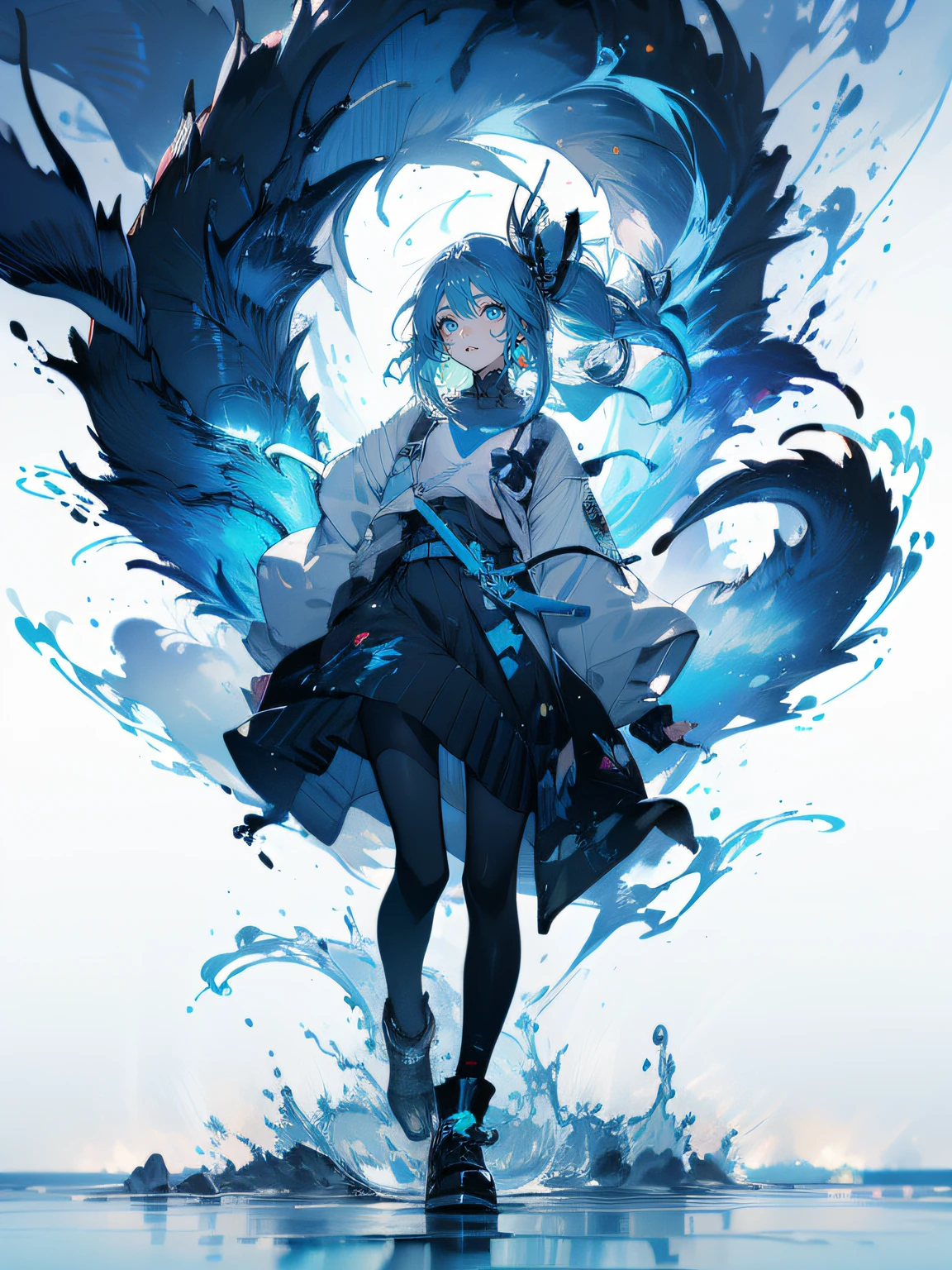 Blue-haired side ponytail,Design clothing,Seven-doppelganger shot,Anime style 4K,Anime girl with teal hair,High quality anime art style,Standing painting,Splash ink background,Blue Themes。