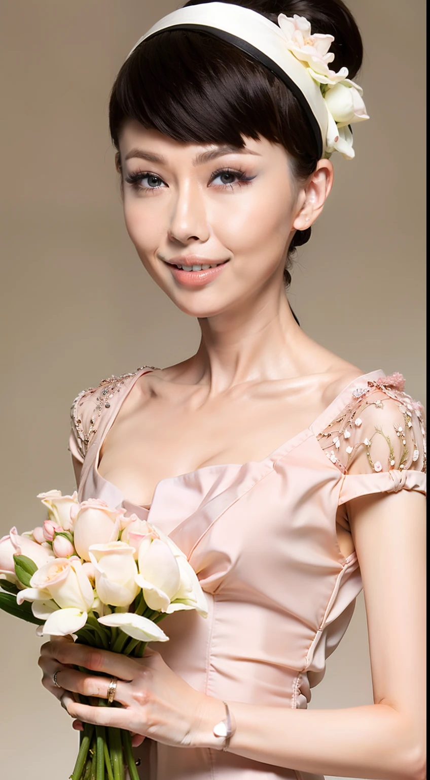 Fashion model 25 years old [[[[closeup cleavage]]]], [[[[boobgasm]]]], [[[[coll]]]], [[[[bshoulders]]]], perfect  eyes, Perfect iris，perfect lips，perfect teeth，Perfect skin，Long face，Soft front light，HDR，white wedding gown，White or pink flowers on the background，（pastel colour：1.2）