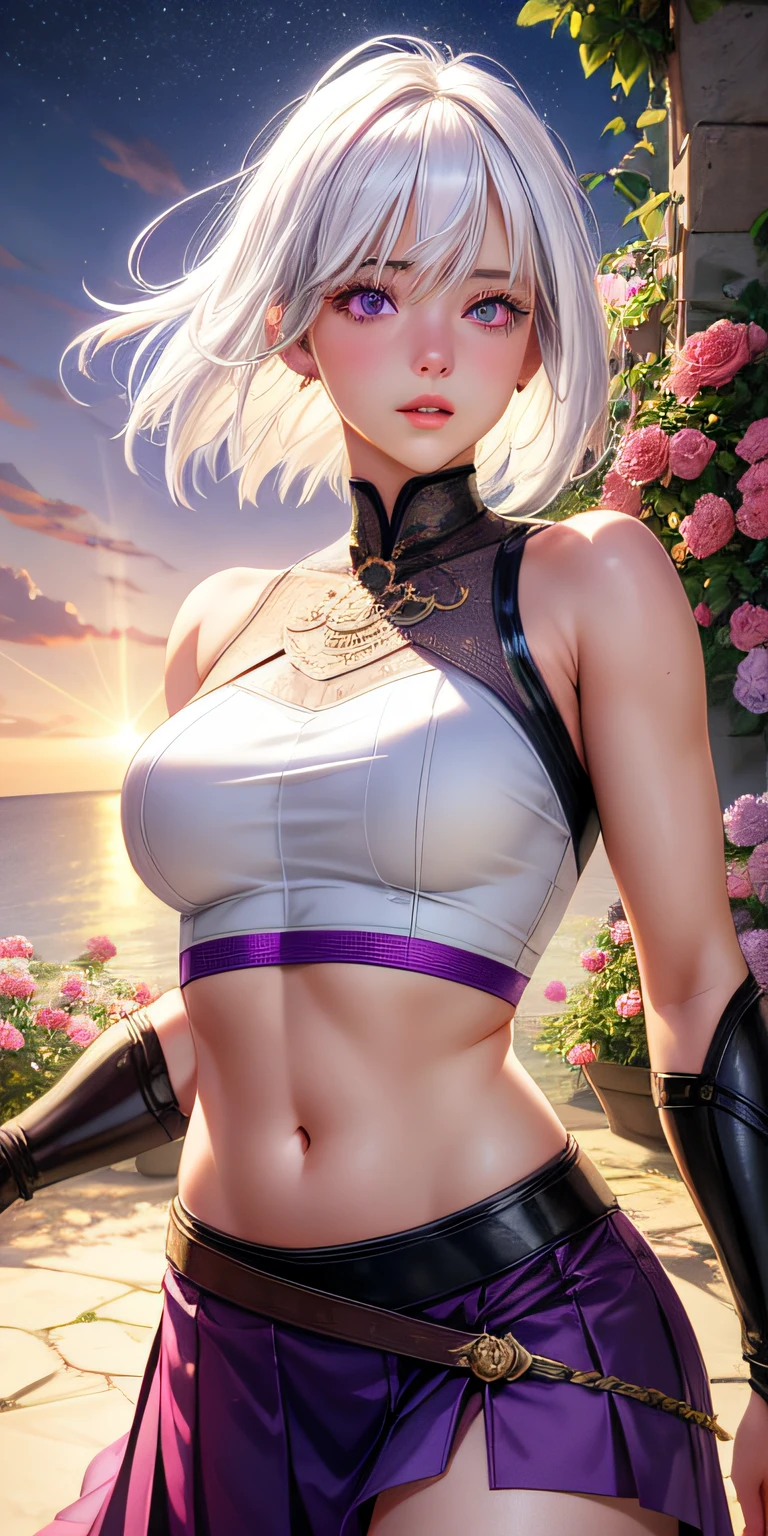 realistic, 1girl, white hair, purple eyes, glowing eyes, crop top, skirt, parted lips, blush, night, flowers, sun, sunlight,
