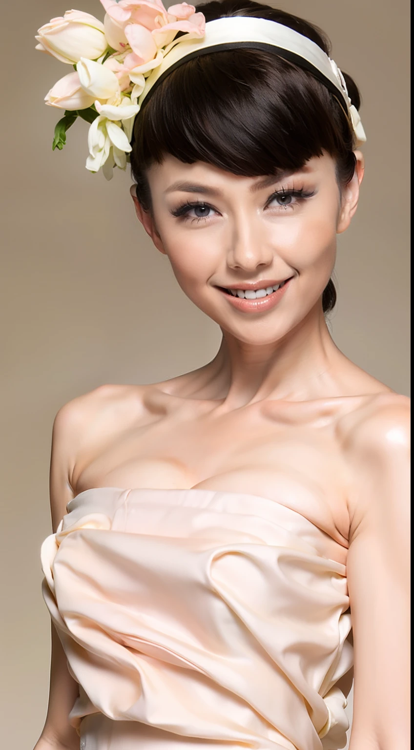 Fashion model 25 years old [[[[closeup ]]]], [[[[boobgasm, [[[[coll]]]], [[[[bshoulders]]]], perfect  eyes, Perfect iris，perfect lips，perfect teeth，Perfect skin，Long face，Soft front light，HDR，white wedding gown，White or pink flowers on the background，（pastel colour：1.2）