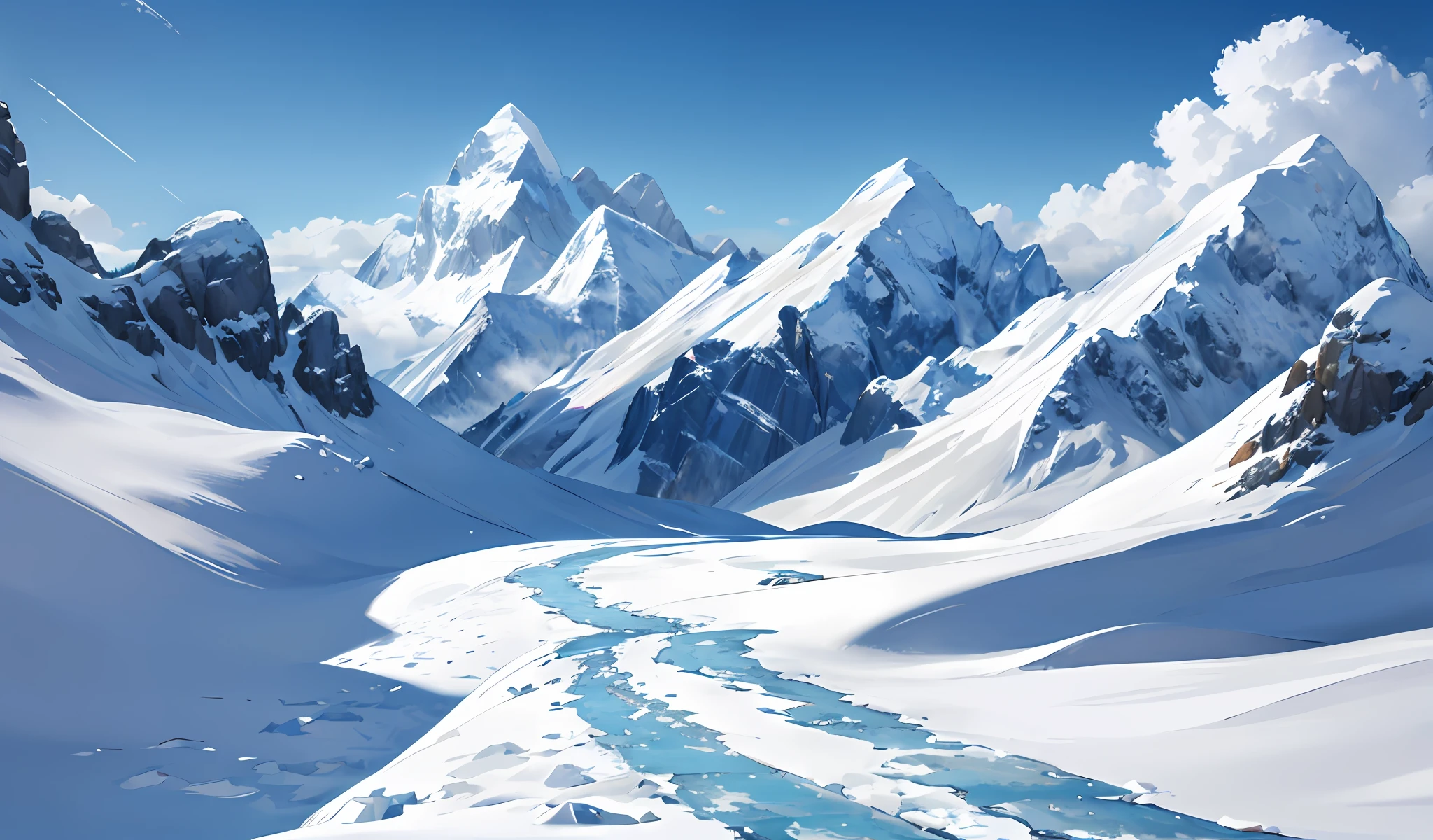 A continuous snow-capped mountain,blue-sky,Ice on the road,overcast day