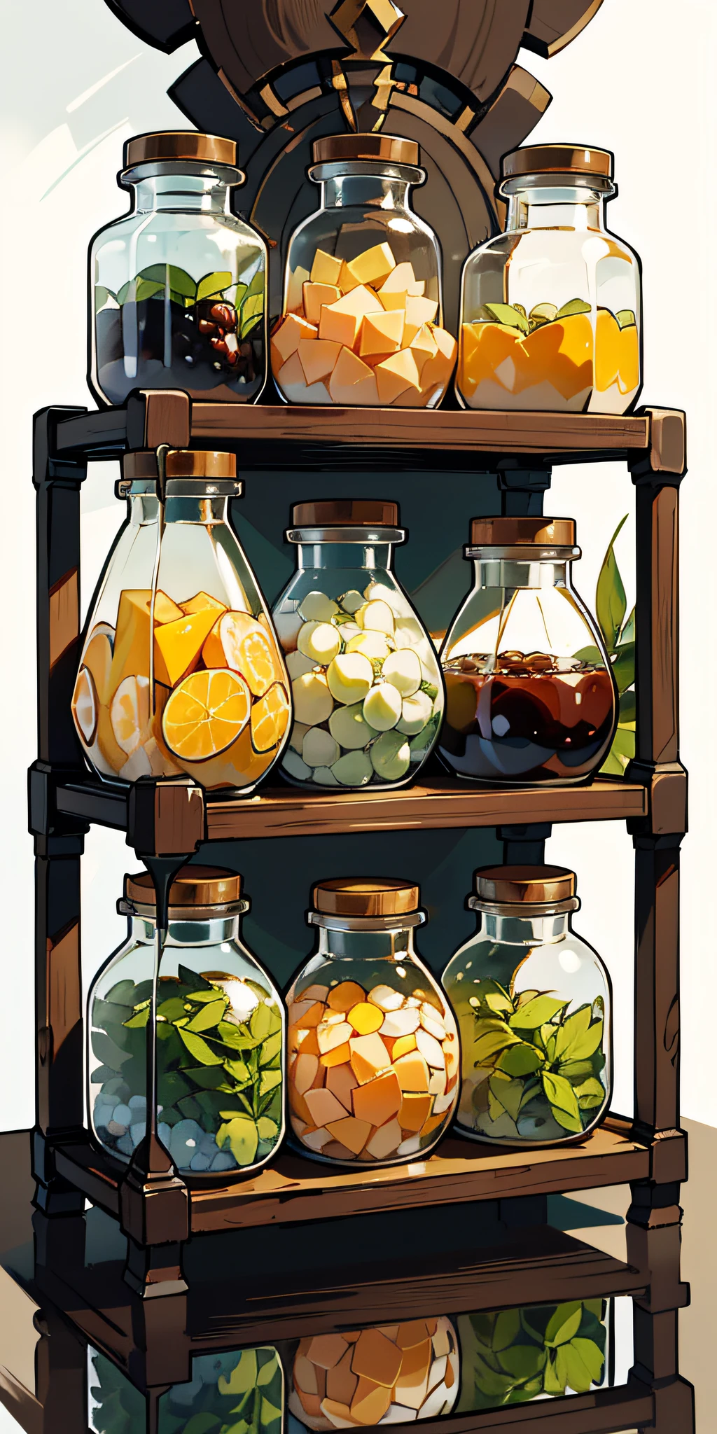 (Masterpiece: 1.2), (Best Quality: 1.2), Various types of glass sealed jars, fruits, juices, magic potions, colorful, well organized, arranged, white background, HD, Masterpiece, Super Detail, (Best Quality, High Resolution), Ultra HD, 32K, cgStation Pop ----niji 5