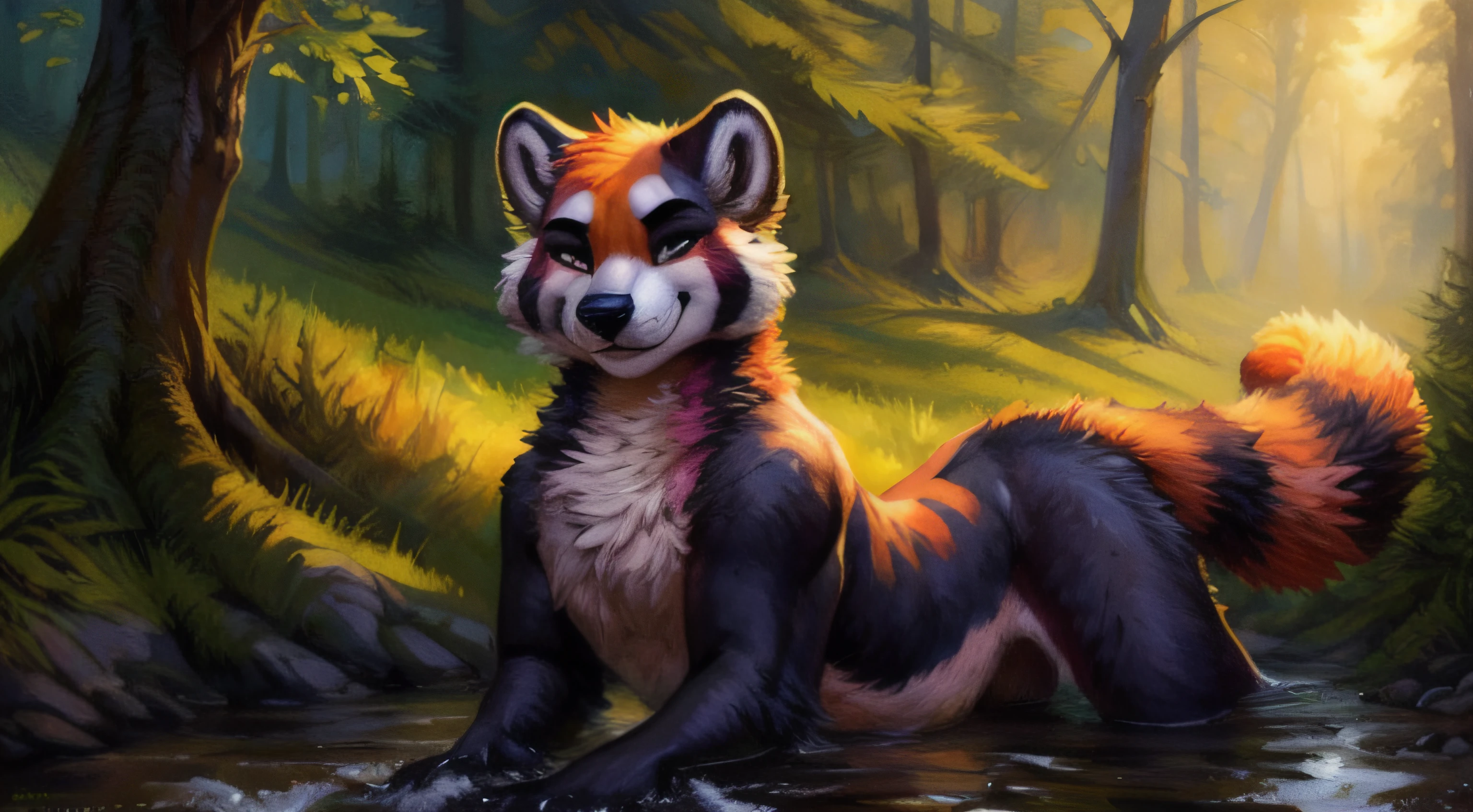 subido a e621, (por kenket, por Ross Tran, por Ruan Jia, por Foxovh) de un red-panda taur macho de ojos azules, ((colores naturales)), Fursona, (((mostrando el trasero con cola en alto))) Looking at the camera with a mischievous look, Open Invitation, mirada picara, (In the middle of a forest with a river in the background), (detailed lighting), (cinematography lighting), [luz ambiental detallada], [Enfoque genital], peludo, ((sombra de medio cuerpo)), [luz ambiental en el vientre], [proporciones realistas], [explicit content], [foco nítido], (contenido cuestionable), (sombreado), ((obra maestra)), pene largo y grueso, pene erecto