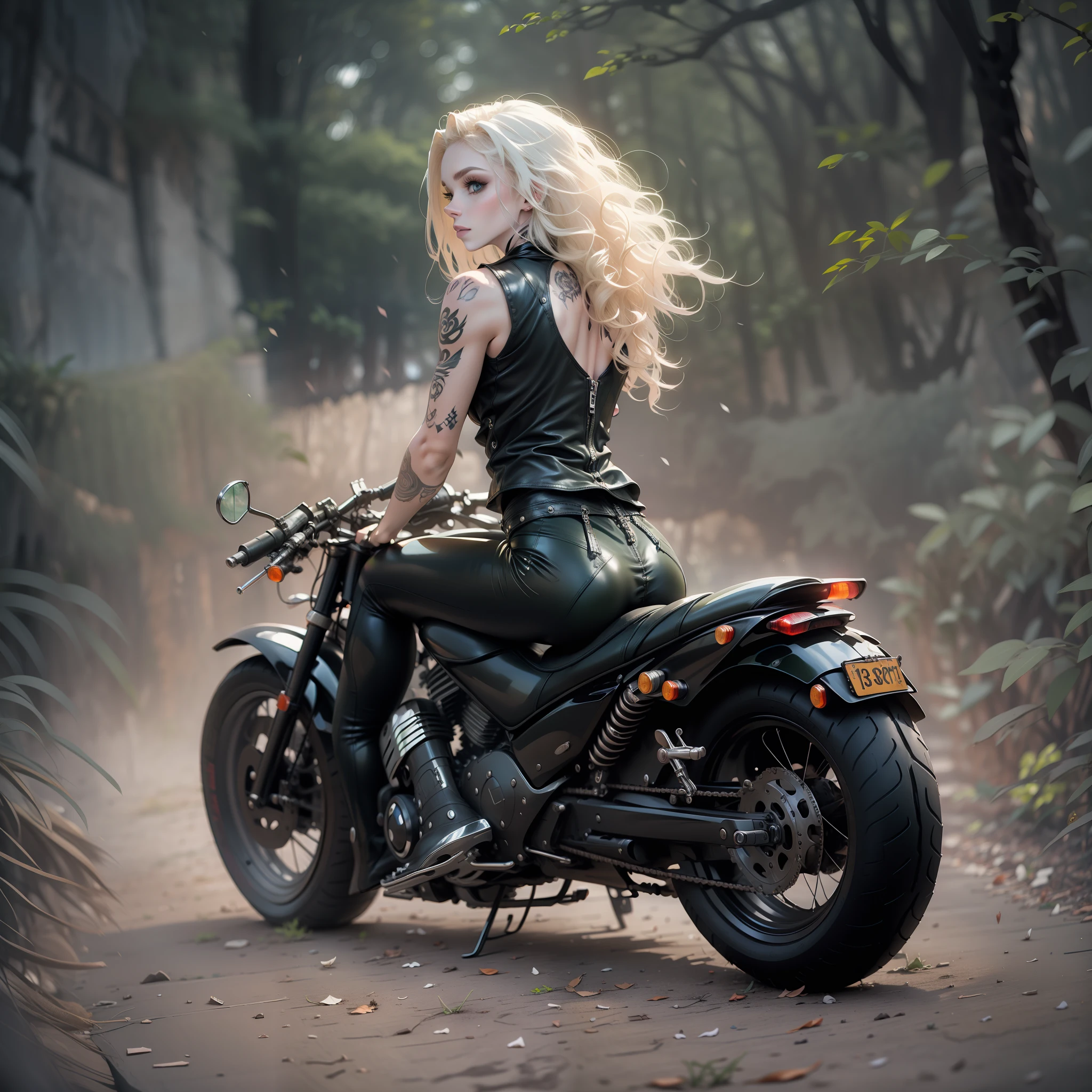 Beautiful woman with long curly blonde hair and green eyes, riding a motorcycle, wearing a leather tank top and tight leather pants, from behind, Gothic hajurk style, cute details, tattoos, pale white skin