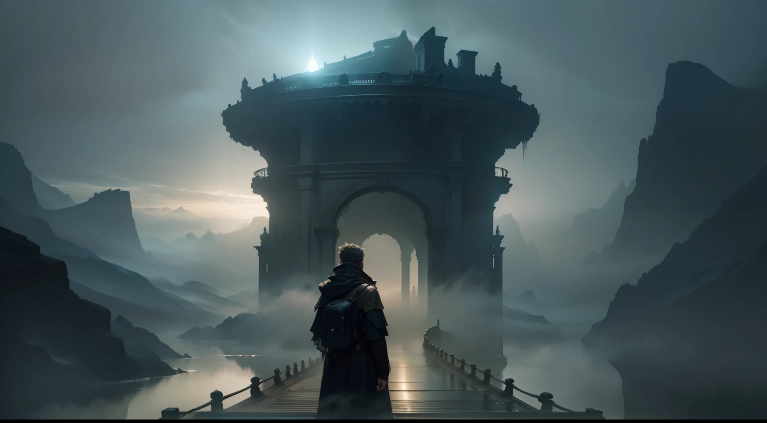 "a wise guardian talking to young man on a long bridge in front of him, shrouded in fog, revealing an abyss under him, which disappears along the course of an abyss into darkness, (extremely detailed CG unit 8k wallpaper, master piece, best quality, lots of details), mysterious fog, bridge rises in fog, ancient bridge disappearing into abyss, misty atmosphere, magical landscape."