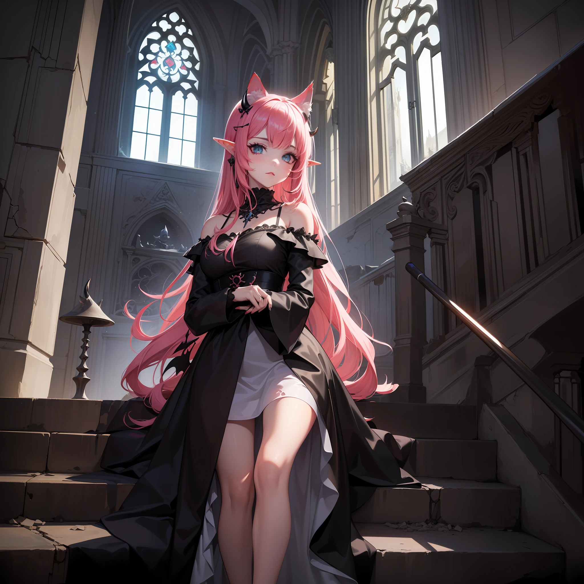 A female demon with cat ears, Elf ears and black demon horn, ((orelhas de elfo)), ((demon horn)), (orelhas de gato)), Cabelo cor-de-rosa extremamente longo, ((Cabelo cor-de-rosa)), White eyes of the demon, ((olhos brancos)), vestido de noiva preto, Gothic cathedral abandoned and destroyed