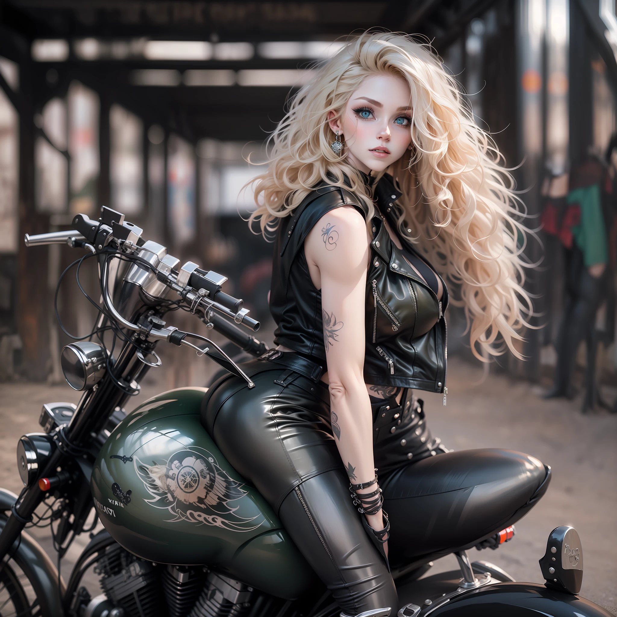 Beautiful woman with long curly blonde hair and green eyes, riding a motorcycle, wearing a leather tank top and tight leather pants, from behind, Gothic hajurk style, cute details, tattoos, pale white skin