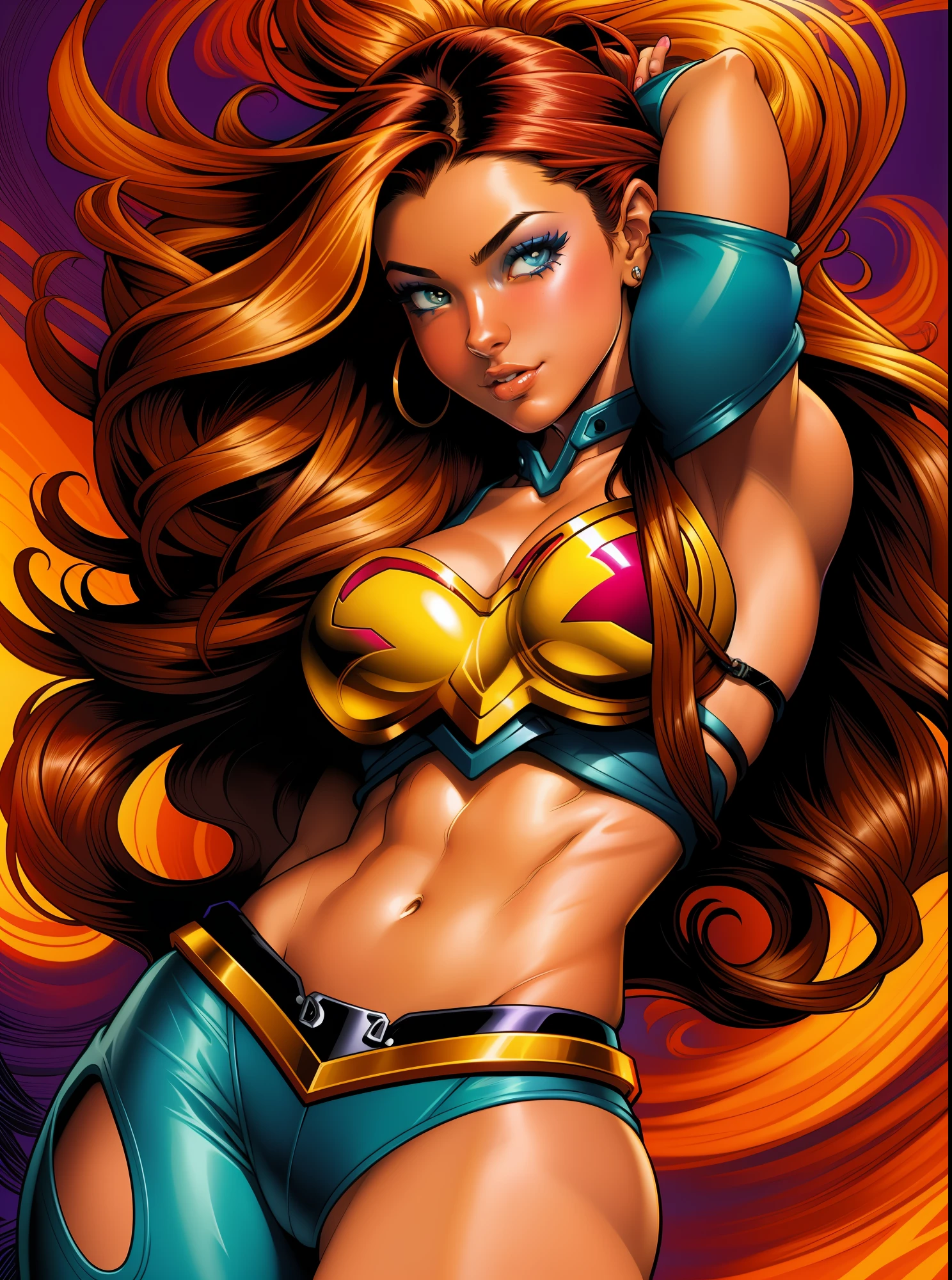 Deliberado, ::estilo de arte Joe madureira e  ::2.0 comix illustration style, Estilo Tatoon , Comic book style , mulher bonita com cabelo longo ultra detalhado, (fundo bonito e claro:1.2), , fantastic paintings , estilo grafite;, flor, olhos altamente detalhados , Adesivos da face