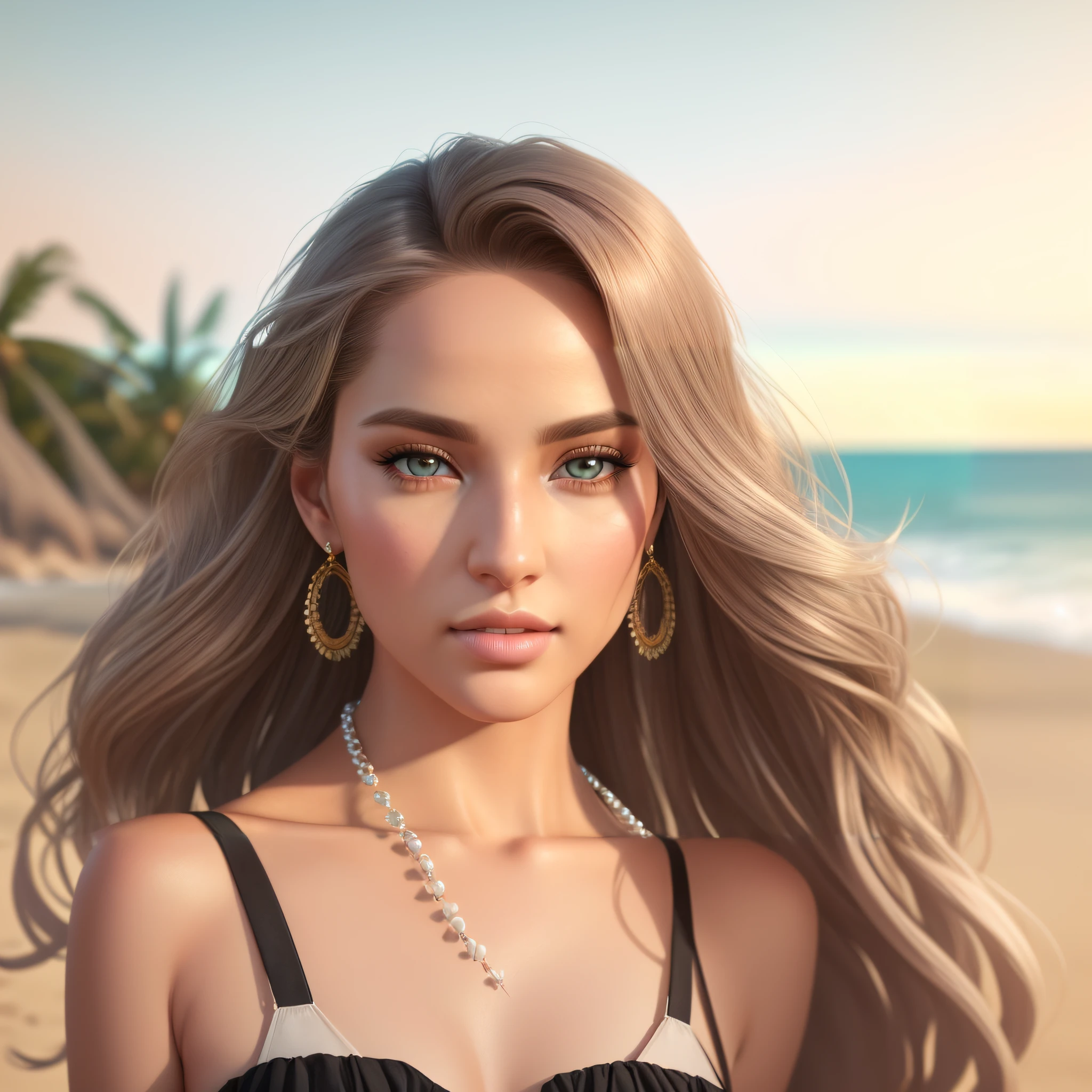 Un primer plano de una mujer con cabello largo y aretes en una playa, Renderizado retrato 8K, con cara muy detallada, Cara realista detallada, Retrato suave disparado 8K, Cara realista altamente detallada, Arte detallado de alta calidad 8K, Cara realista y detallada, Cara hermosa realista, Cara detallada y realista, [ Fotorrealismo 4K ]!!!, Cara real detallada