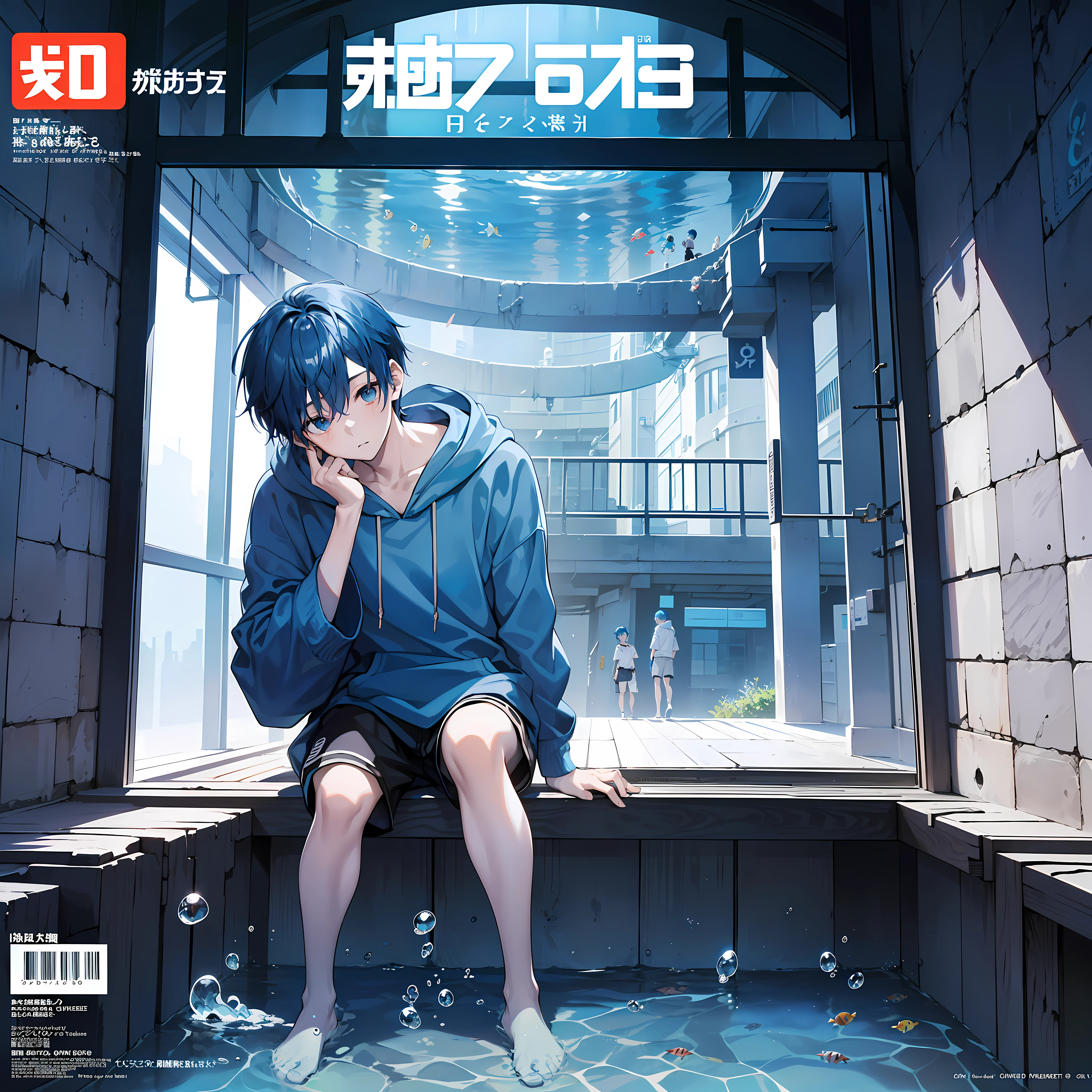 masterpiece, best quality, full body, (1boy), (blue hoodie), (Boy Messy Japanese Round Haircut for Thick Hair), (blue hair), black shorts, (solo), (magazine:1.3), (cover-style:1.3), fashionable,Under water, (tunnel aquarium)