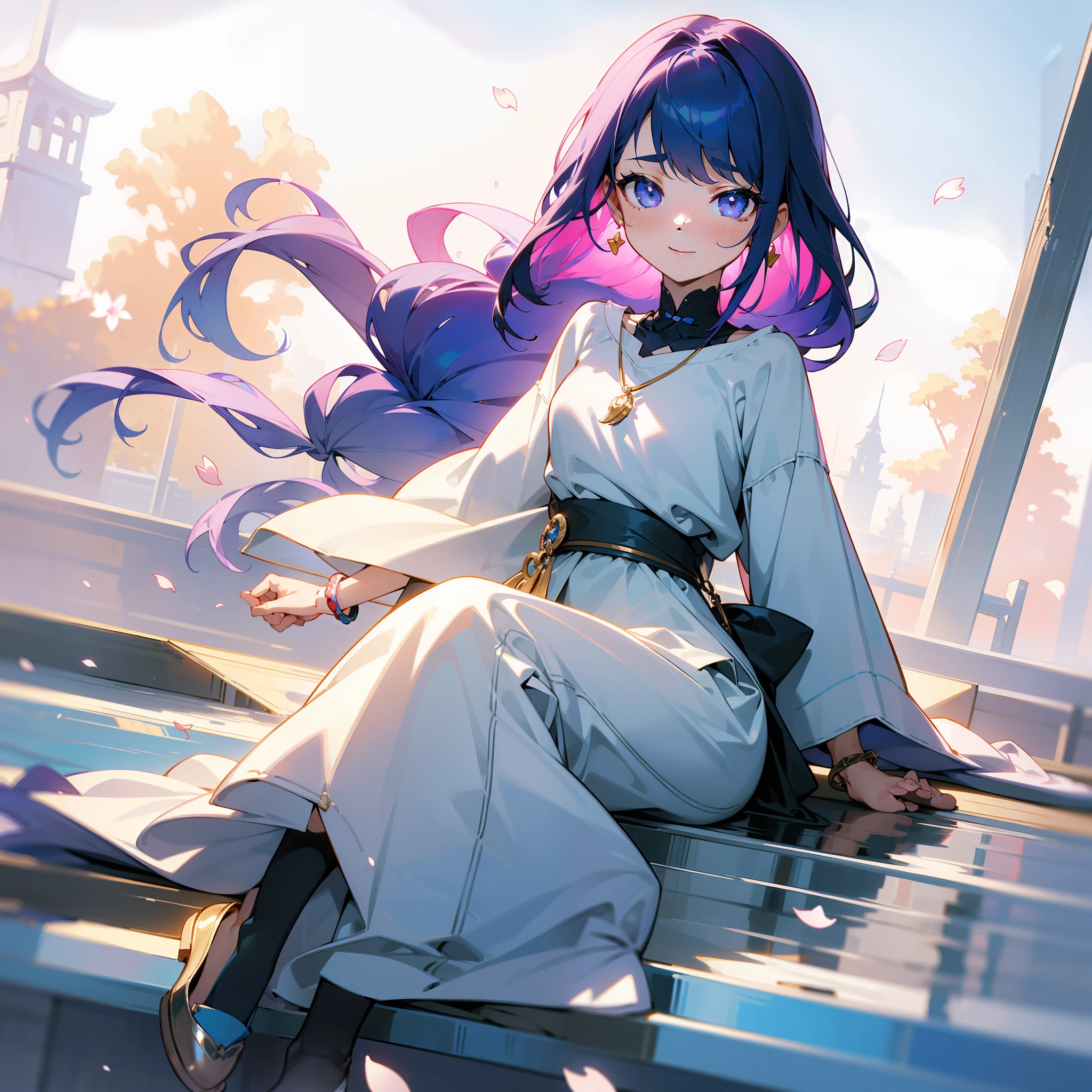(Extreme Detail CG Unity 8K Wallpapers,tmasterpiece,Highest image quality),(Delicate light and shadow,The picture is highly dramatic,Cinematic lens effect),The familiar tsundere childhood sweetheart next door、Stand in the center of the picture、She has a beautiful and delicate face,Good looks,Delicate facial features。Big eyes of the water spirit、long eyebrow、Long colored hair、with fair and smooth skin、Healthy and youthful tone、Sweet smiling、Wear a comfortable shirt、Knitwear or T-shirts,Wear yours with short or long skirts、Clothing colors favor soft and warm colors,For example, Light pink、pale-blue、Beige, etc,Wear small, delicate accessories,For example, Thin chain necklace、Small earrings or simple bracelets,Wear comfortable and stylish shoes,Love flat shoes、Small white shoes、Falling chips with petals、a sense of atmosphere、中景 the scene is、full bodyesbian
