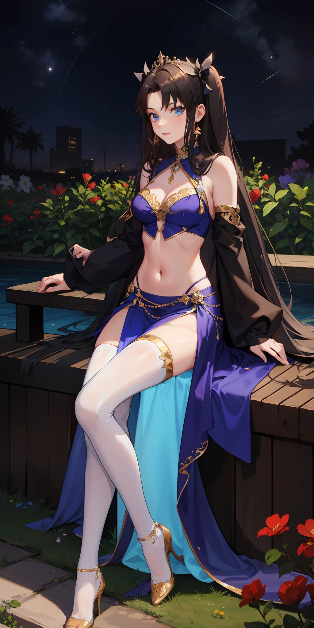 long hair, black hair, medium breast, slim legs, happy, light blue gown, cleavage, arabian belly dancer , skirt, rin tohsaka, twin tail, navel, garden, night, blue eyes, tiara, sitting, thigh high socks