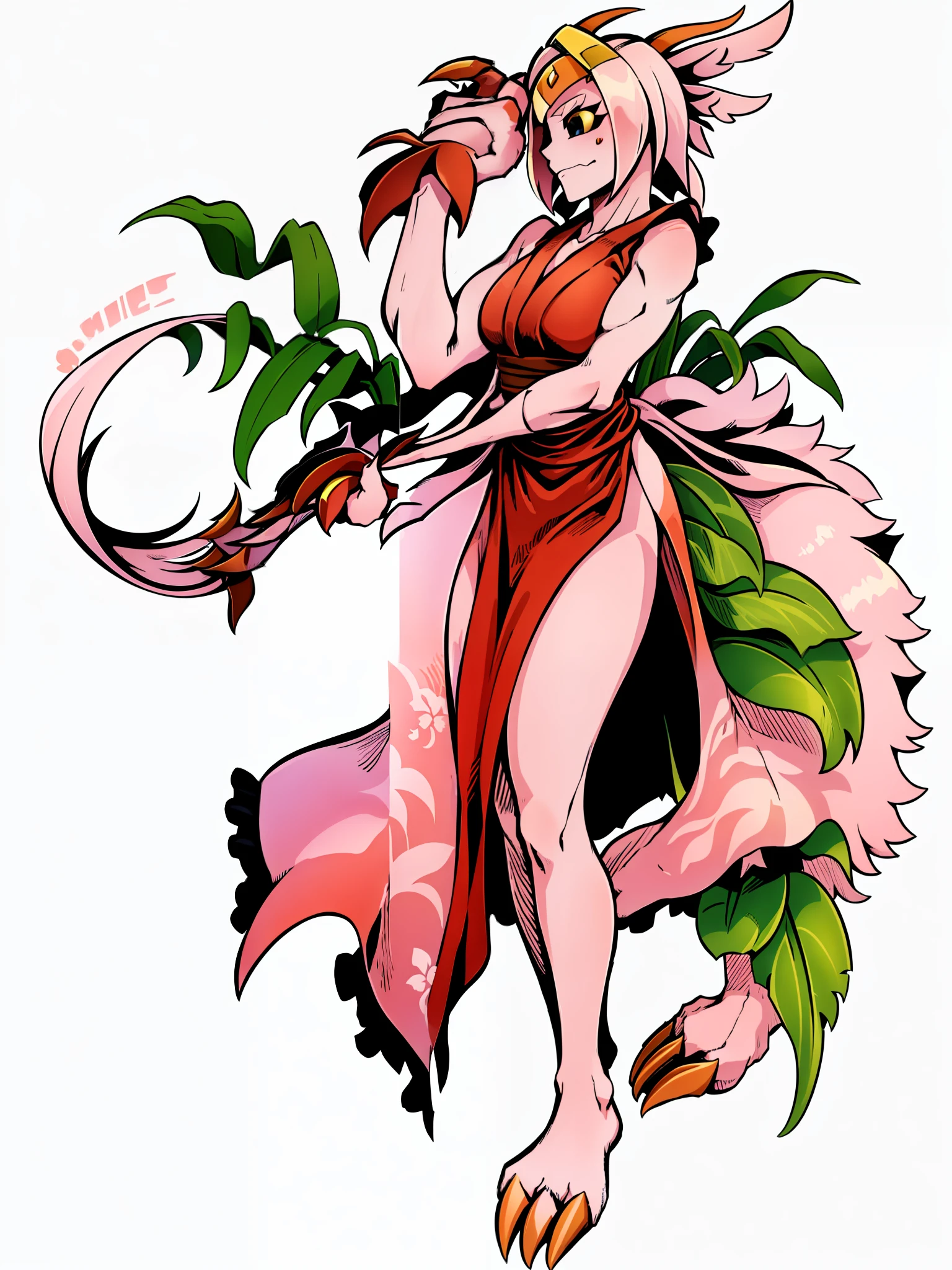 a close up of a person in a pink dress holding a shuriken, flowing hair , ((Ponytail)) and ((long slit )), full body xianxia, , Monster ((masucline:1.4)),(Digimon\(creature)\0.4), (Peach Blossom themed:1.2), (Fairy), ((Pink Claw like arms:1.4)), (( plant:1.6)), ((Pink skin))