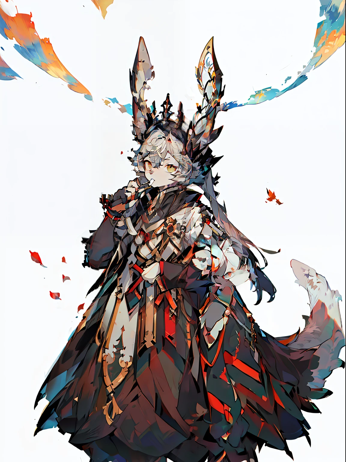 Full body standing painting,tmasterpiece,high qulity,Stuffed animal ears,The tail is a giant squirrel tail, Same color as ears, But the white part is whiter than the hair (Close to pure white)It is also draped with irregular petals,The antlers are brown and curved, The hair is white overall, There are irregular yellow and black pickaxes, Low hairstyle, There is a small braid on the right side of the ponytail, Irregular petals fall on the head, The neckline is a bell, The chest has a cutout design, The right side of the skirt is different from other fabrics, The fabric is harder,folds, The sleeves have two layers, The inner layer is white,