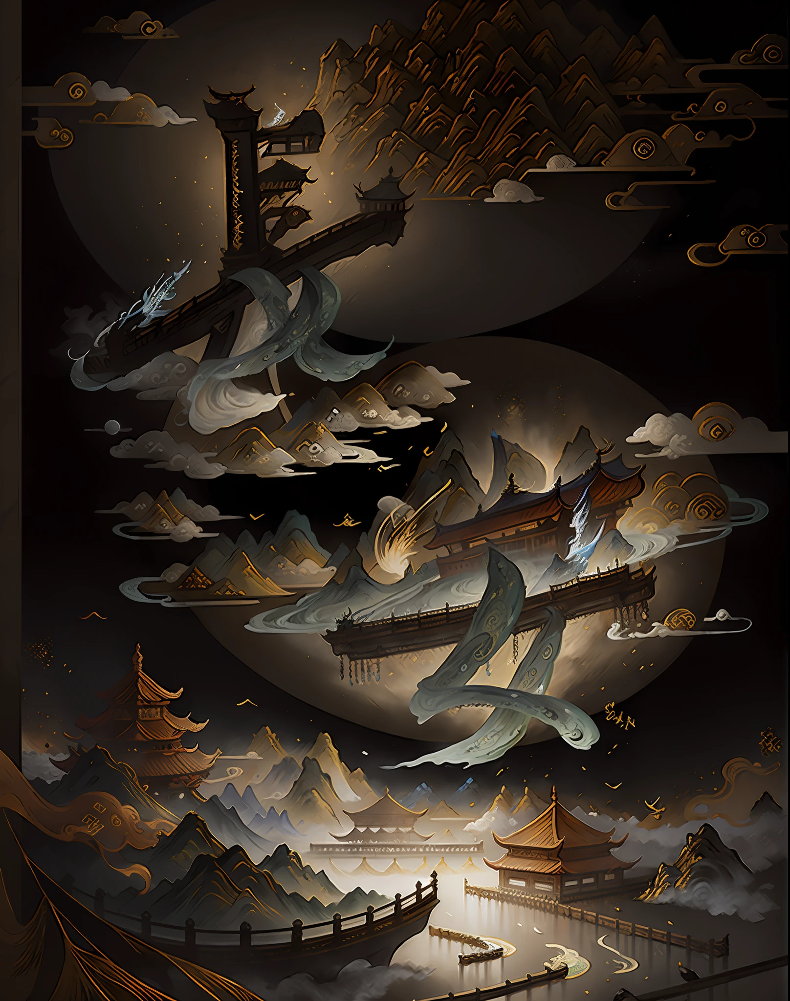 An ancient Chinese painting, ancient Chinese background, mountains, rivers, auspicious clouds, pavilions, sunshine, masterpieces, super detail, epic composition, ultra HD, high quality, extremely detailed, official art, unified 8k wallpaper, Super detail, 32k -- v 6