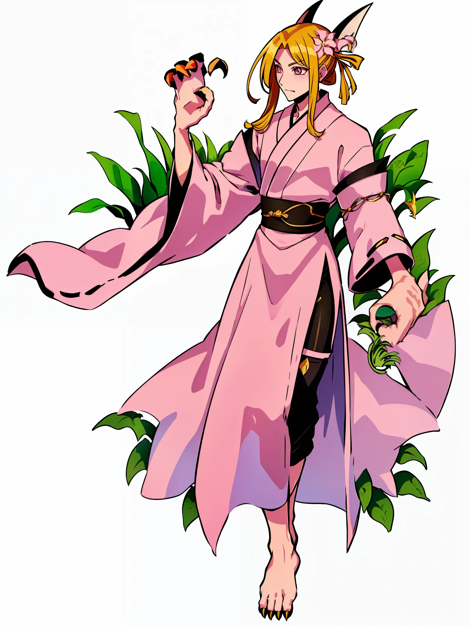 a close up of a person in a pink dress holding a shuriken, flowing hair , ((Ponytail)) and ((long slit robes)), full body xianxia, , Monster ((masucline:1.4)),(Digimon\(creature)\0.4), (Peach Blossom themed:1.2), (Fairy), ((Pink Claw like arms:1.4)), (( plant:1.6)), ((Pink skin))