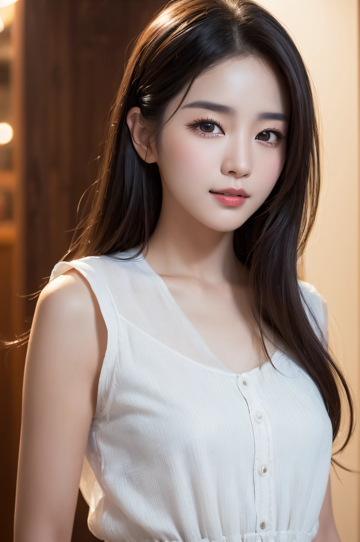 ((best qualtiy、8k masterpieces:1.3))、foco nítido:1.2、(ultra beautiful faces:1.0)、(shinny skin:1.0)、photos realistic、A dark-haired、Video Lighting、High-definition eyes and face、Video Lighting、(cowboy shot:1.3)、(Korean Cute Actress)、from the front side、medium large breasts、ssmile、Sleeveless、Wearing a white blouse