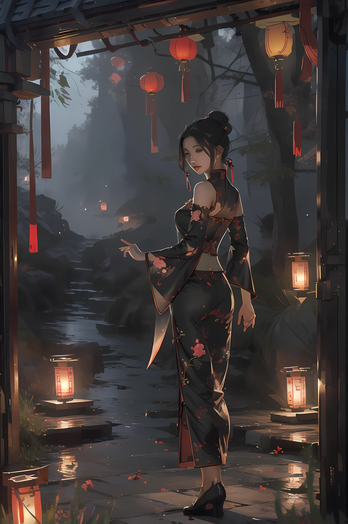 (tmasterpiece:1.2),best qualtiy,realisticlying,Tyndall effect,
1girll, lanterns, Sateen, 独奏, Chinese style cheongsam, High fork, standing on your feet, exteriors, natta, hair-bun, paper lanterns, Single steamed buns, scenecy, Eau, from back, Wide sleeves, artistname, halter, longer sleeves