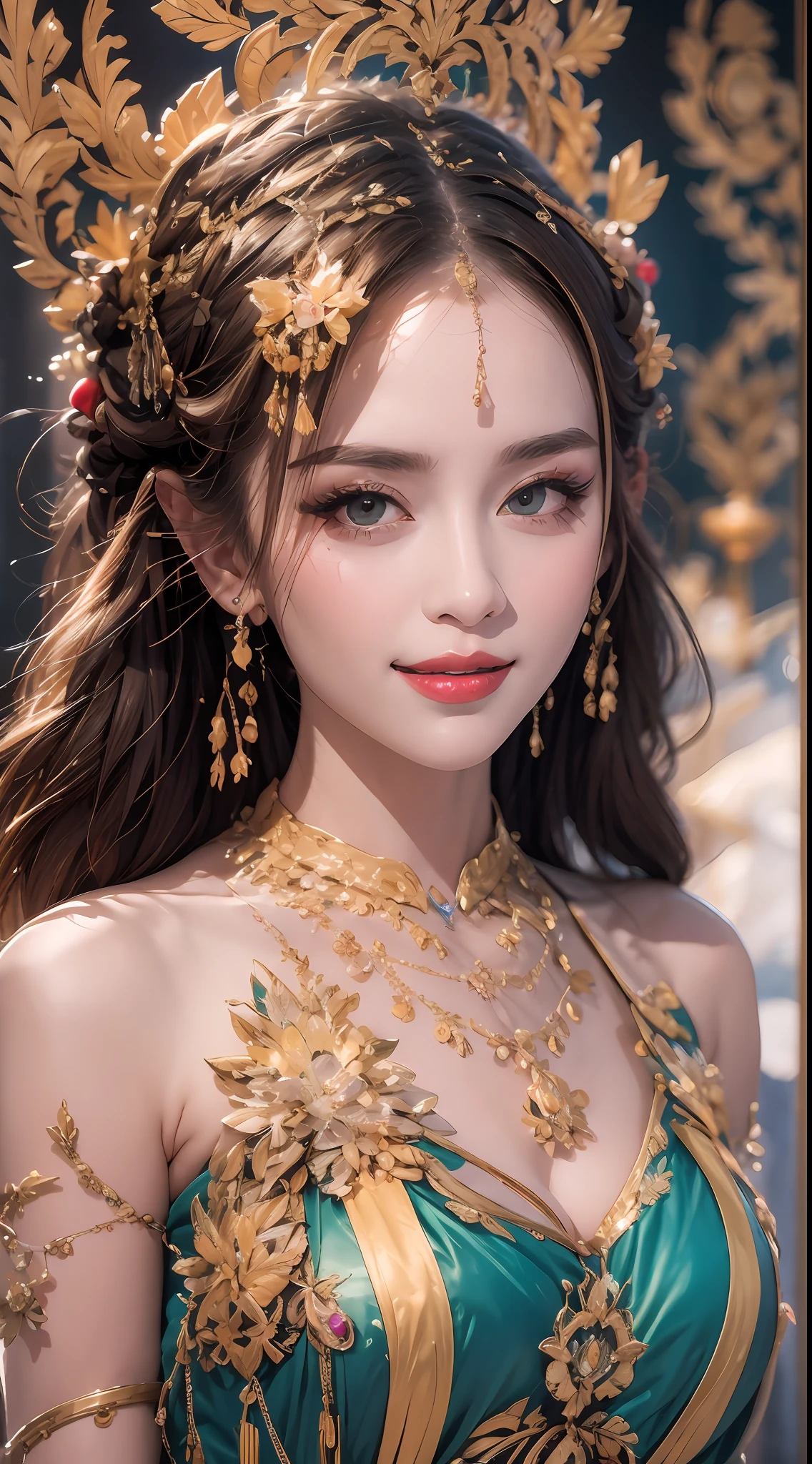 Portrait of a 27-year-old saint,Charming adult saint in a long dress made of thin silk, beautiful saint with an old face, adult, wearing a thin multicolored silk dress, beautiful face without blemishes, (((Natural smile:1.3))), ((flat bangs:0.5)), (((platinum long hair:0.5))), big crown, hair brooch, hanfu dress, chinese ancient style, full body jewelry, forehead tattoo, super even chest, face, innocent face, The most beautiful and detailed light red lipstick, ((Thin plump lips:0.3)), ((Golden Eyes color:0.6)), Detailed and delicate lighting effects, light and dark, dramatic lighting, magical light, extremely detailed light, true color, super sharp, realistic, 8k quality, fantasy universe background, saints and magical space, the most detailed images, ((Solo:0.3)), ((a saintess:0.6)), ((looking directly at the saint's upper body:0.4)), ((smooth skin:0.5)), ((the holy woman's veil:0.6)), ((solo:0.5)), ((alone girl:0.4)),