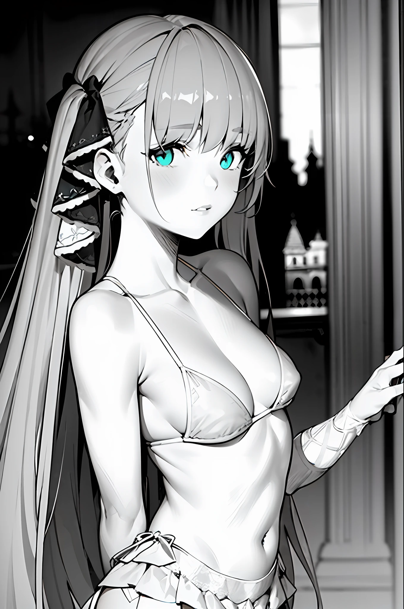 (lineart:1.6),(best quality),(masterpiece),(photorealistic:1.4),8k,high res,Leica Summar 50mm f2 lens,(blurry foreground),(depth of field),delicate illustration,(light particles),reflections,extremely detailed CG unity 8k wallpaper,Highly Detailed beautiful and aesthetic,best light,high resolution,cinematic lighting,super detailed skin,intricate details,hyper detail,sharp detail,detailed eyes,shiny skin,beautiful hair,double eyelids,extremely detailed eyes,monochrome,(French bikini maid dress), baroque,(aqua eyes),(flat color:1.3),upper body,(Castle red Rose Garden:1.2),