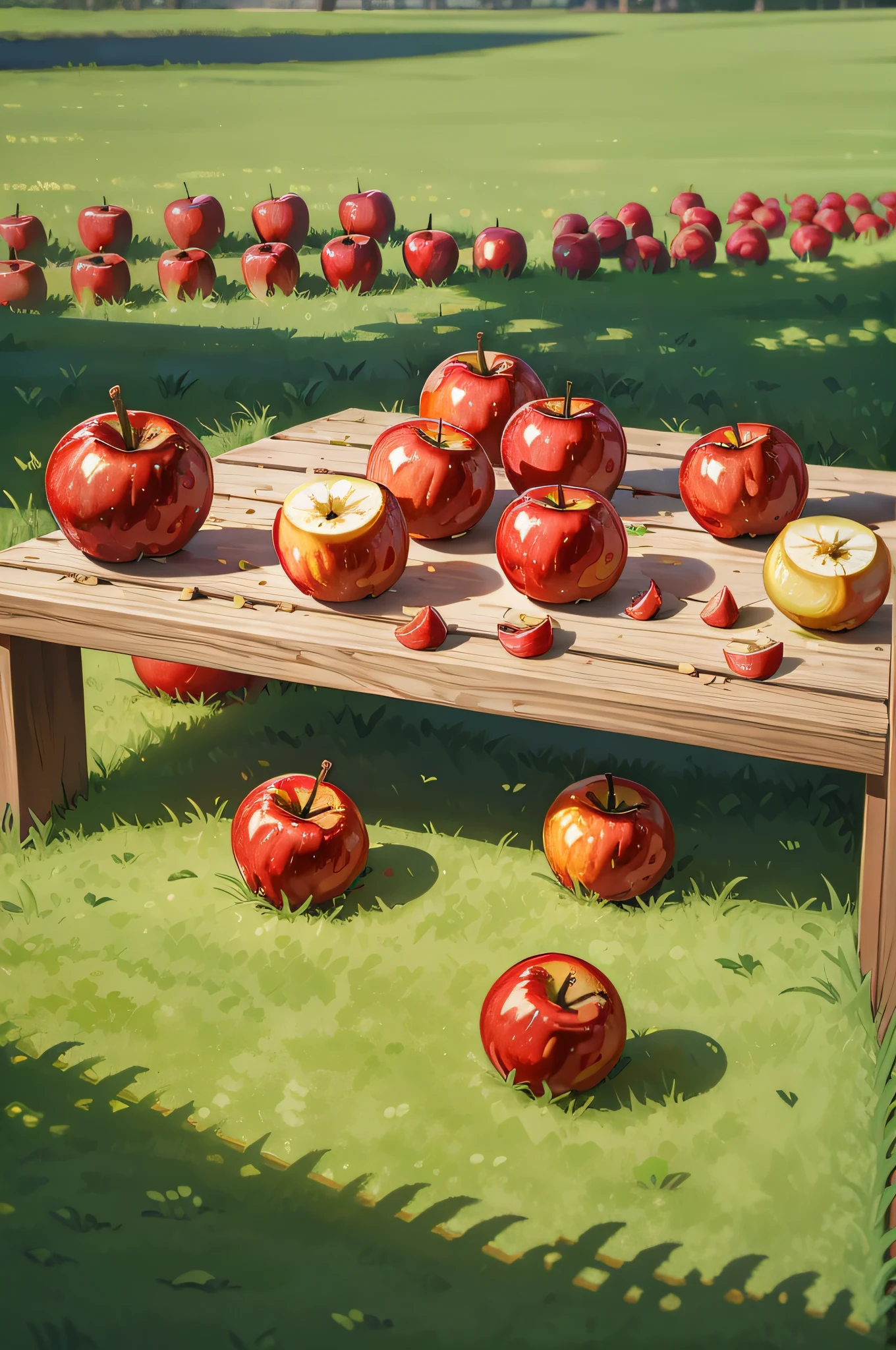 masterpiece, high quality, best quality, Red apples, lying on the grass, foodphoto,