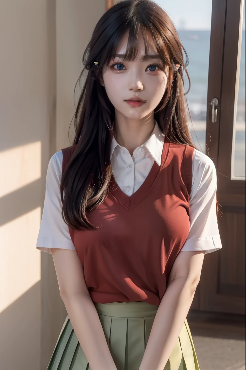 Satsuki Nakano, Itsuki Nakano, Bangs, Blue eyes, hair between eye, Ahoge, Red hair, Star \(symbol\), Hair Ornament, Star hair ornament,
BREAK skirt, Shirt, School uniform, 鎖骨, White shirt, Short sleeves, Pleated skirt, sox, Collared shirt, Miniskirt, knee high, White socks, Green skirt, Sweater Vest, Red Sweater Vest,
Break indoors, School, crass room,
BREAK looking at viewer, BREAK (masutepiece:1.2), Best Quality, High resolution, Unity 8k壁纸, (Beautiful detailed eyes:1.6), extra detailed face, Perfect Lighting, extremely details CG, (Perfect hands, Perfect Anatomy),top-quality、masterpiece、超A high resolution、(Photorealsitic:1.4)、Raw photo、