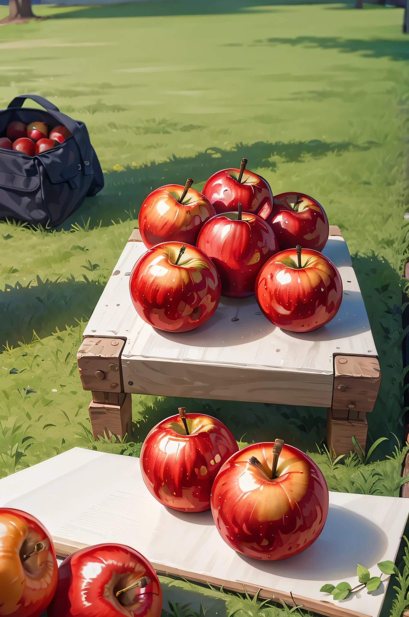 masterpiece, high quality, best quality, Red apples, lying on the grass, foodphoto,