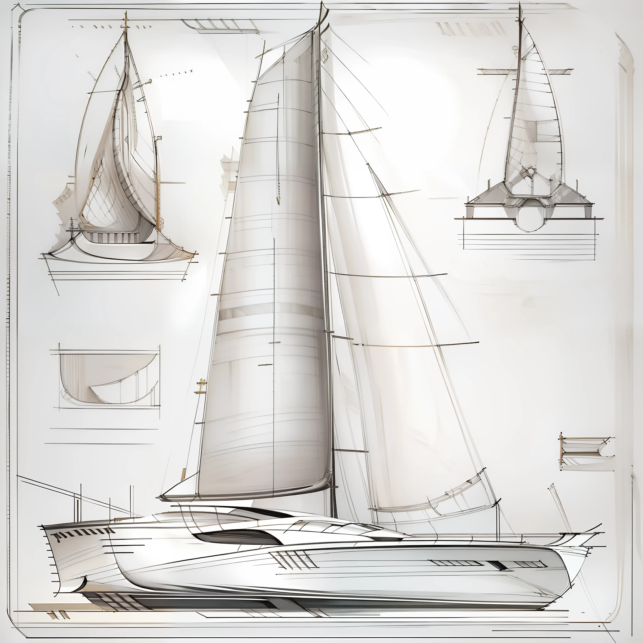 (obra-prima)),(((melhor qualidade)),(folha de design de PROJETADO DE UM BARCO CATAMARAM SPORT, , mesmo BARCO, frente, lado, costas), illustration, ARTE CONCEITUAL 1 BARCO, SKETCH, Drawn in pencil, DESIGN OF PROTOTYPE OF A BOAT ( fundo branco: 1.3)