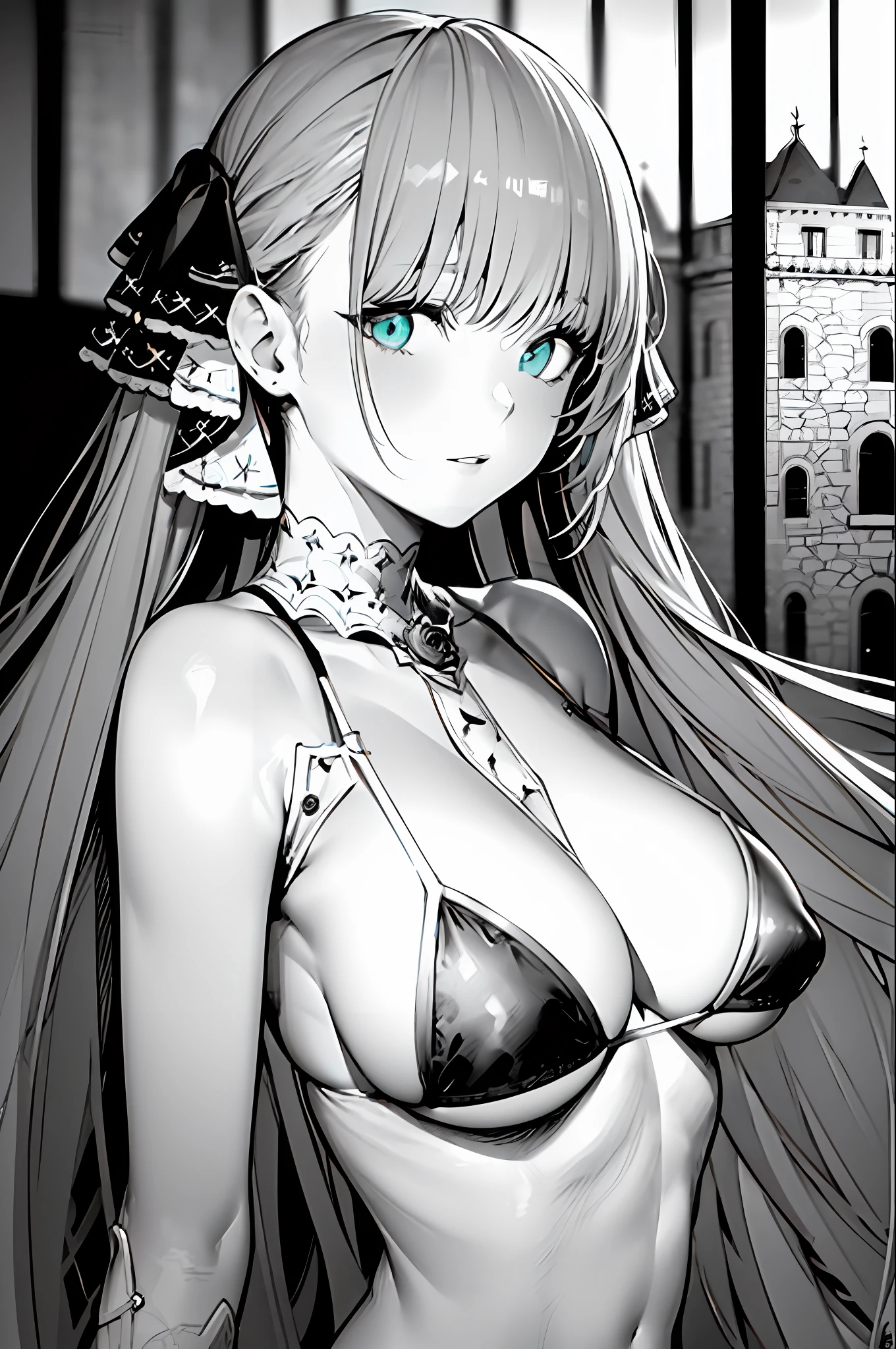 (lineart:1.6),(best quality),(masterpiece),(photorealistic:1.4),8k,high res,Leica Summar 50mm f2 lens,(blurry foreground),(depth of field),delicate illustration,(light particles),reflections,extremely detailed CG unity 8k wallpaper,Highly Detailed beautiful and aesthetic,best light,high resolution,cinematic lighting,super detailed skin,intricate details,hyper detail,sharp detail,detailed eyes,shiny skin,beautiful hair,double eyelids,extremely detailed eyes,monochrome,(French bikini maid dress), baroque,(aqua eyes),(flat color:1.3),upper body,(Castle red Rose Garden:1.2),(large breasts)