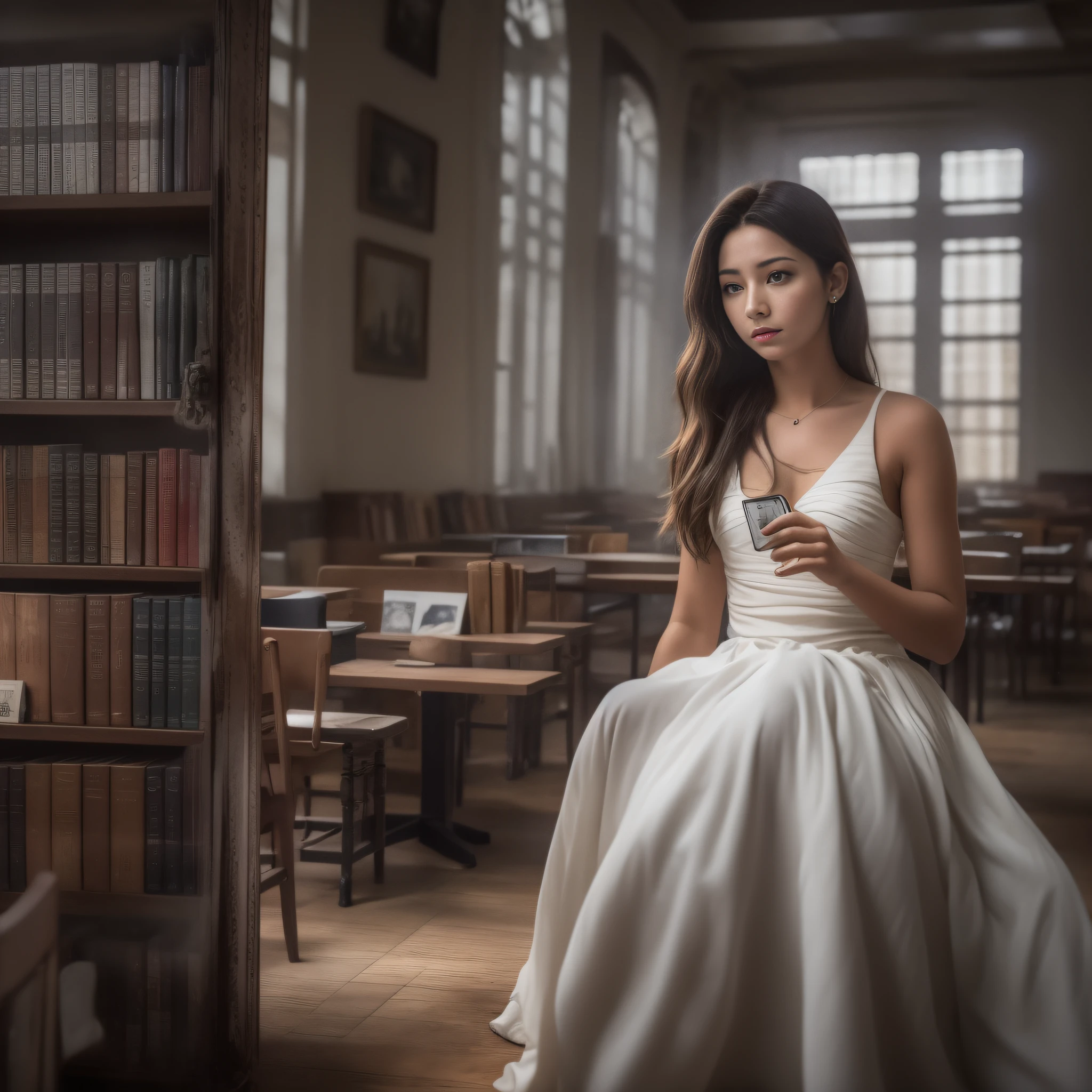 (8K,RAW photos,best qualtiy,tmasterpiece:1.2),(realisticlying,photograph realistic:1.37),(Long shots:1.5),A female classmate looks confused in the library,dress(Long white dress),Sit in a chair near the window,There was a table and chairs,Hold it in your hand(A wallet)Press on the table