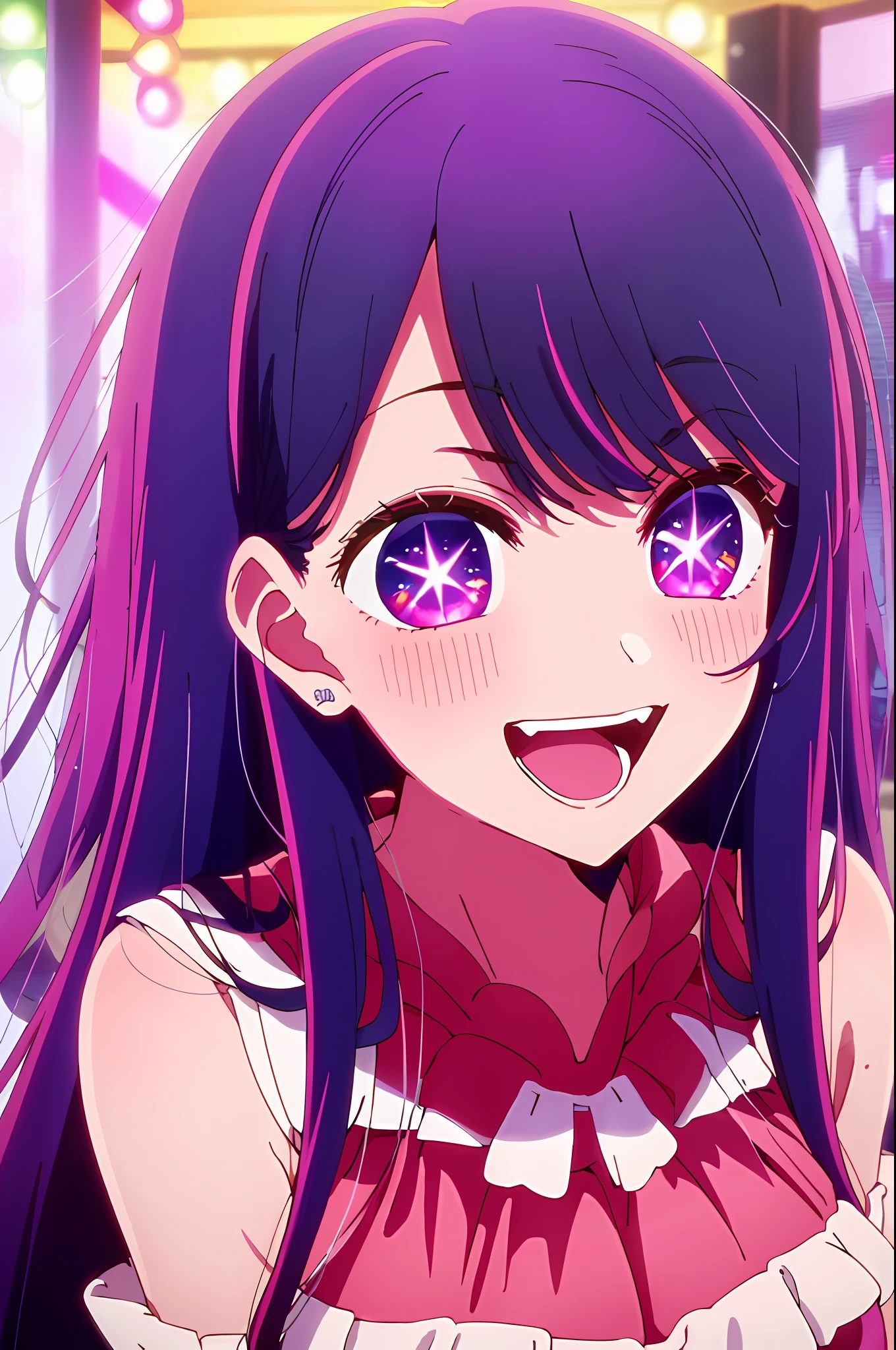​masterpiece、ighly detailed、(1 girl in:1.2)、purple color  hair、pink  dress、big eye、a closeup、a smile、8K 、Ai Hoshino、Live performance venue