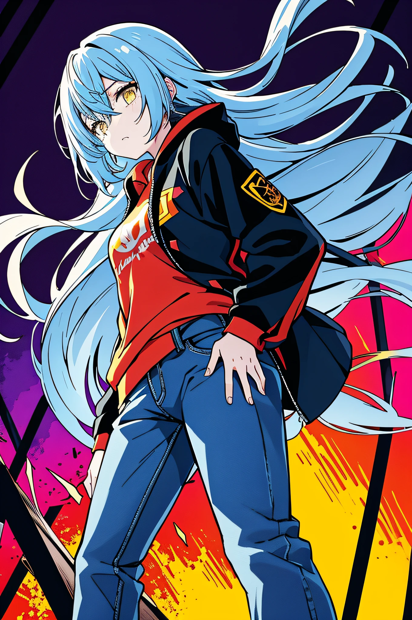 （tmasterpiece：1.3），（best qualtiy：1.2），（super fine illustrations：1.2），（tmasterpiece），high qulity，high detal，（（Unbeatable masterpiece，Best quality at best，Perfect artwork））， hight contrast，flatcolors，splashing color，color mashing，Color paint explosion pattern，explosion background，Broken stained glass， Fall in the city， very heavy rain， Water cubes， Noon City， big bang， Girl who fell behind，long whitr hair，medium breasts size，blue hairs，Yellow eyes， [（pale blue background：1.1）：：5]， [（game character portrait：1.2）：5]， （Fall：1.2）， Fall， （Tripped）， {Hand hidden}， {{Hands in pockets}}}，{{The hand is in the sleeve}} Stumble along，From the side Side，hoody，denim pant，Hands close up， Colorful colors are everywhere，Colorful paint explosion pattern， Strange sky， （illustratio：1.2），very wide wide shot，（a line drawing：1.2），{{Only five fingers}}