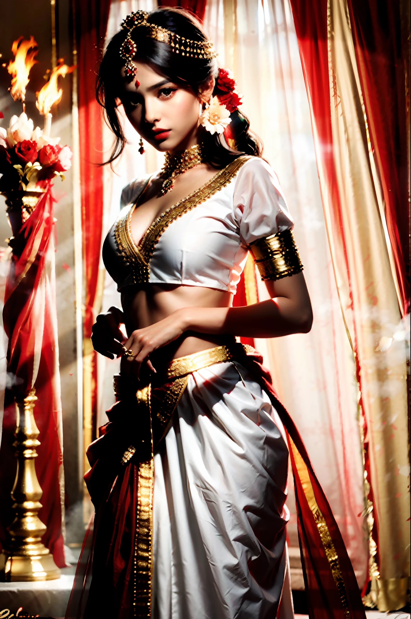 8k, ultrarealistic, photorealistic, white lady wearing indian wedding sari, slavic, fire, sari, lengha, princess, regal, rich, red and gold, traditional, tulle fabric, elegant, princess, flowers