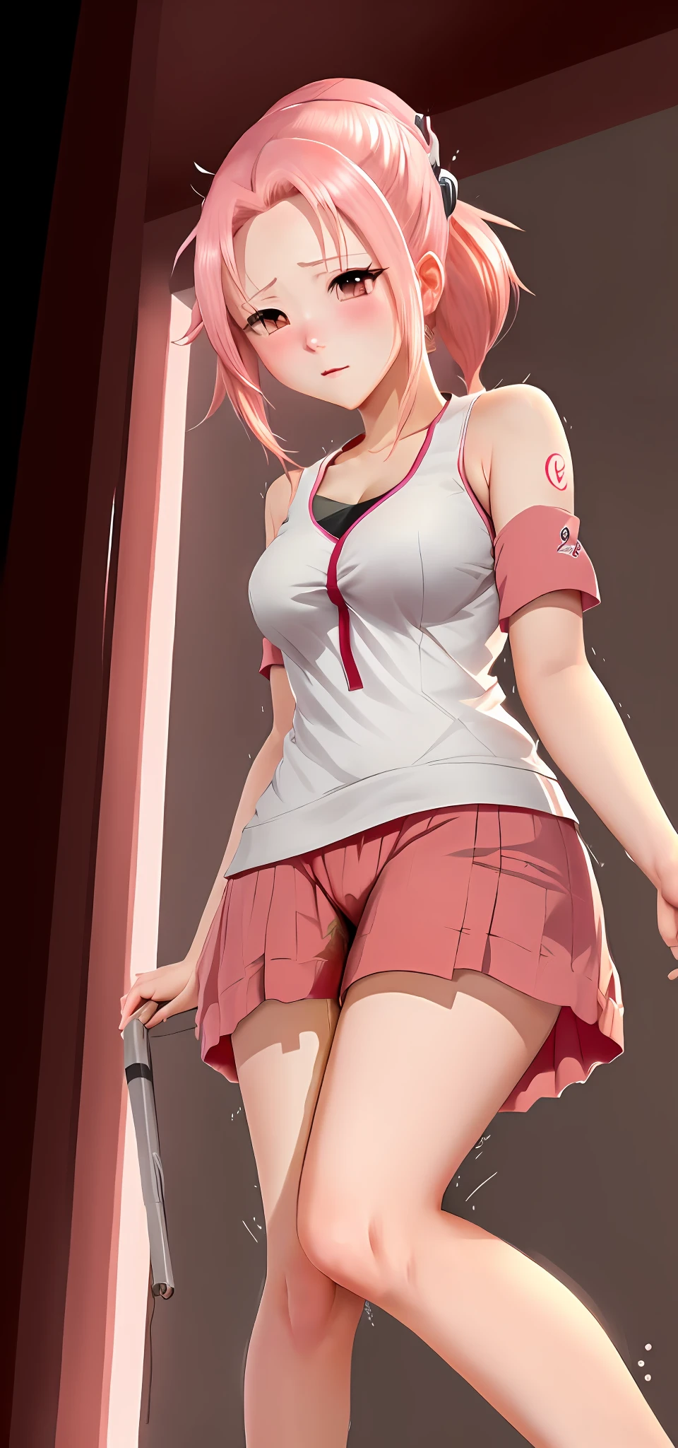 Anime - Stylistic image of a woman in a white top and a red skirt, seductive anime girls, sakura haruno, beautiful and seductive anime woman, photorealistic anime girl rendering, Sakura Haruno, Sakura Kinomoto, sakura haruno in slug sage mode, Smooth anime CG art, trending on cgstation, sakura petals around her, Anime goddess, Zerotwo，Want to pee。