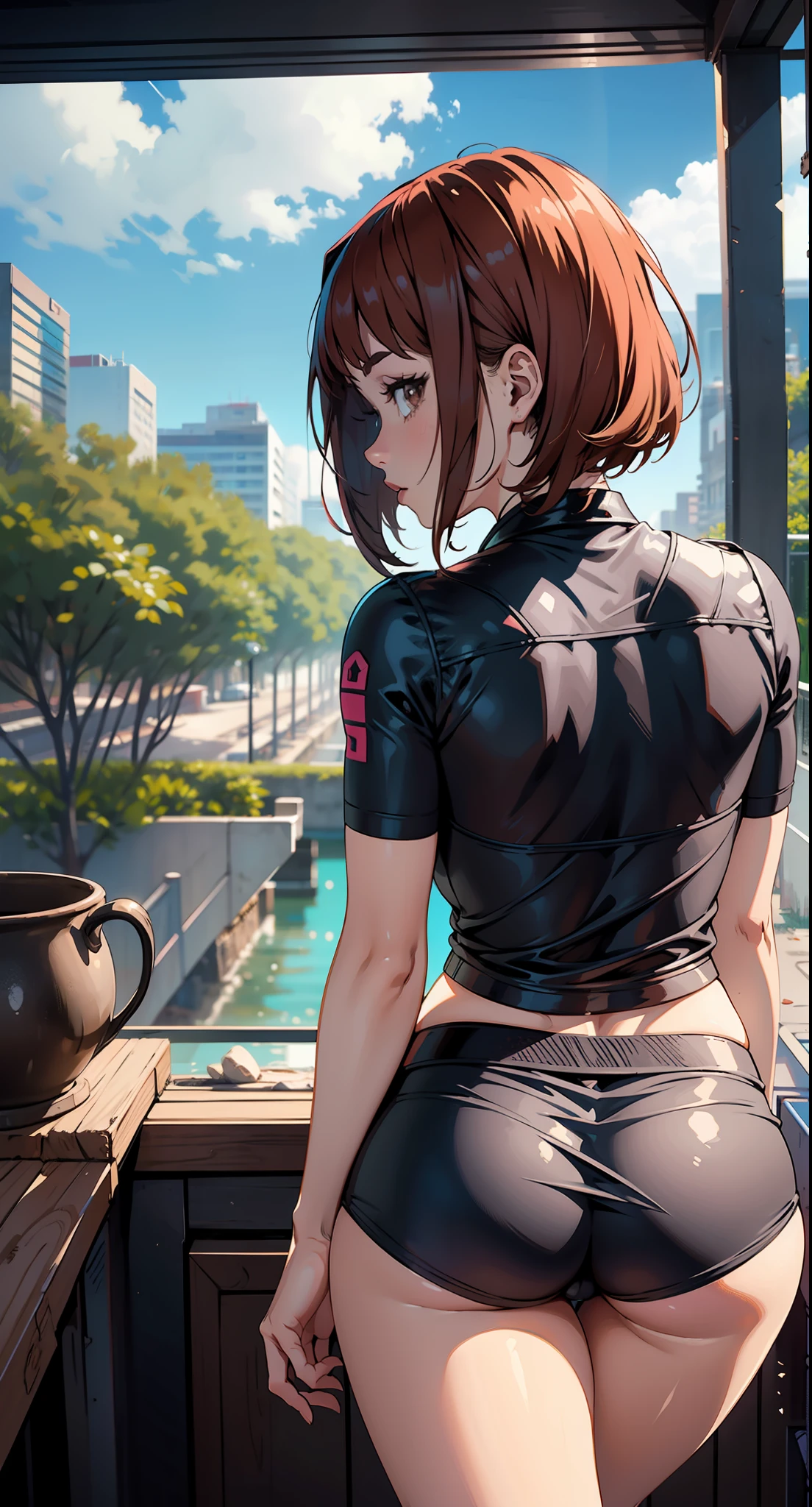 Ochaco Uraraka, com short da marca badboy, bunda grande, marca badboy na bunda, pernas grossas, blusa curta da marca bad boy, corpo inteiro, muito realista, extremamente Realista, extremamente sexy, 8k, 8k extremamente detalhado), (um extremamente delicado e bonito), (obra-prima), (melhor qualidade: 1.0), (ultra highres:1.0)