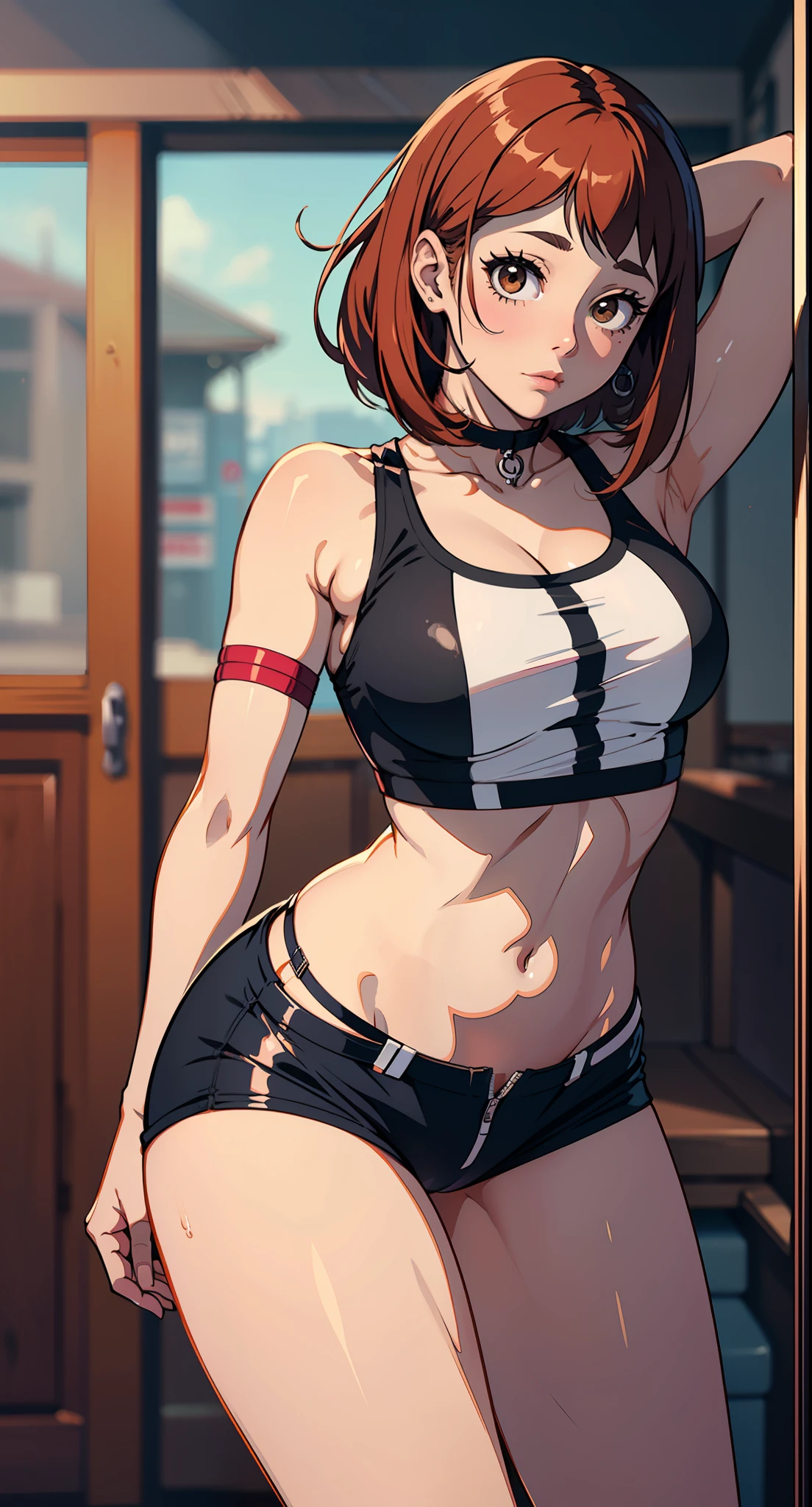 Ochaco Uraraka, com short da marca badboy, bunda grande, marca badboy na bunda, pernas grossas, blusa curta da marca bad boy, corpo inteiro, muito realista, extremamente Realista, extremamente sexy, 8k, 8k extremamente detalhado), (um extremamente delicado e bonito), (obra-prima), (melhor qualidade: 1.0), (ultra highres:1.0)